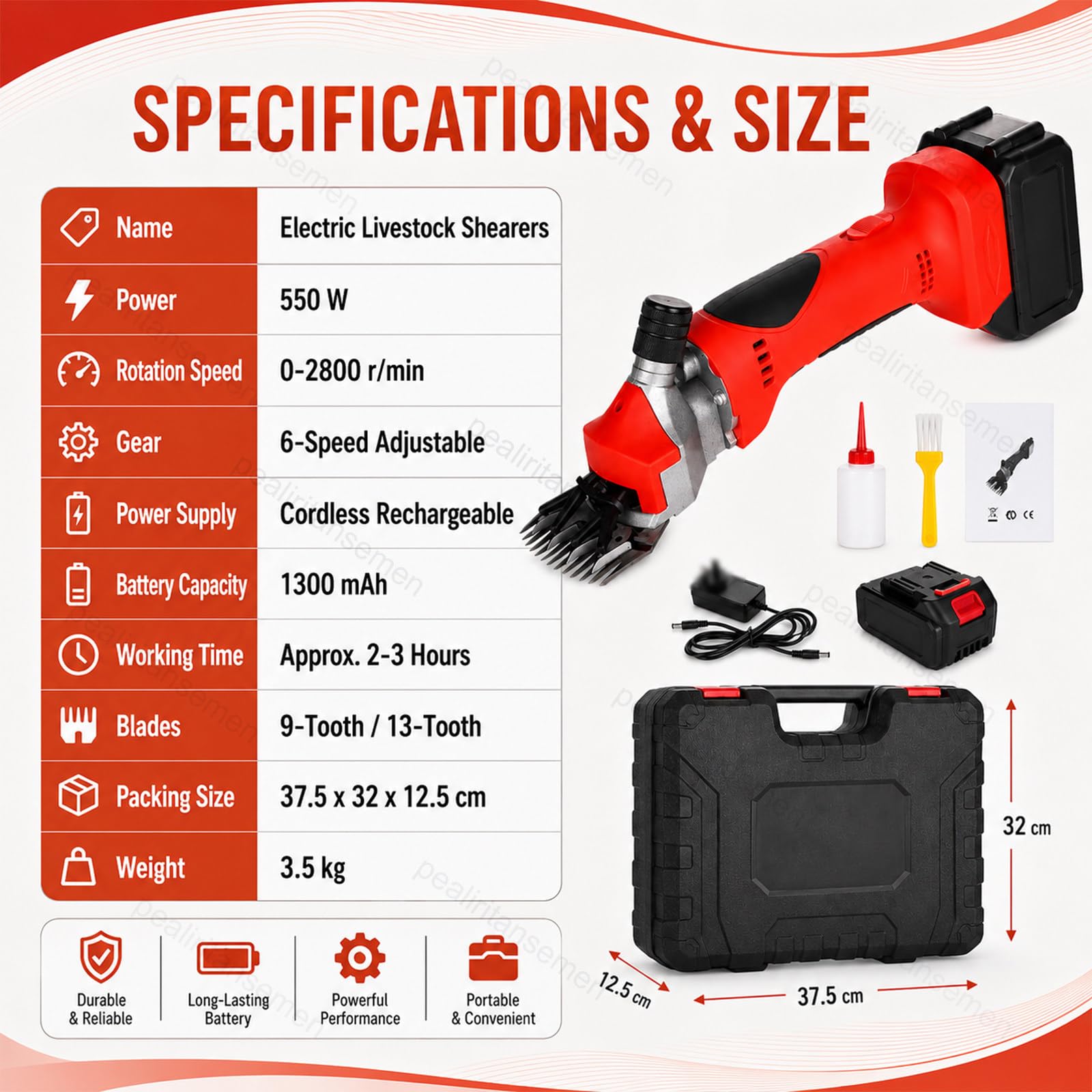Esquiladora Eléctrica Manual para Ovejas, Tijeras Profesionales Recargables para Lana 2026 550W con Motor 2800 RPM, Esquiladora Compacta para Granja y Rancho, 1300mAh Orange-2Batteries