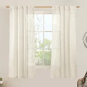 LAMIT 63 Inch Semi Sheer Linen Curtains, Light Filtering Panels Back Tab and Rod Pocket Neutral Drapes for Bedroom/Living Room, Natural, 2 Panels, 34 x 63 Inch