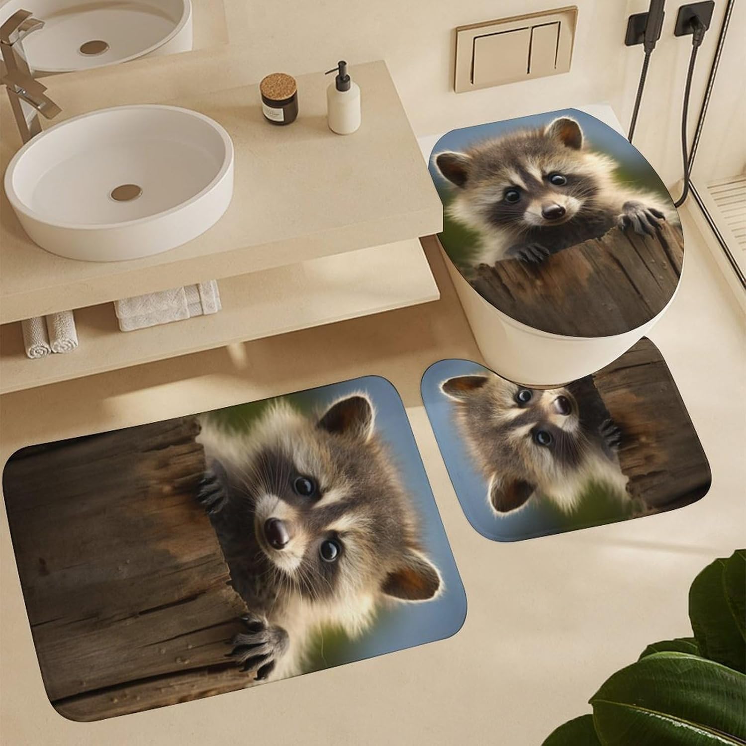 4Pcs Rustic Cute Raccoon Shower Curtain Sets with Non-Slip Rugs, Toilet Lid Cover and U Shape Bath Mat, Wild Nature Modern Forest Animals Bathroom Sets Waterproof Shower Curtains with 12 Hooks