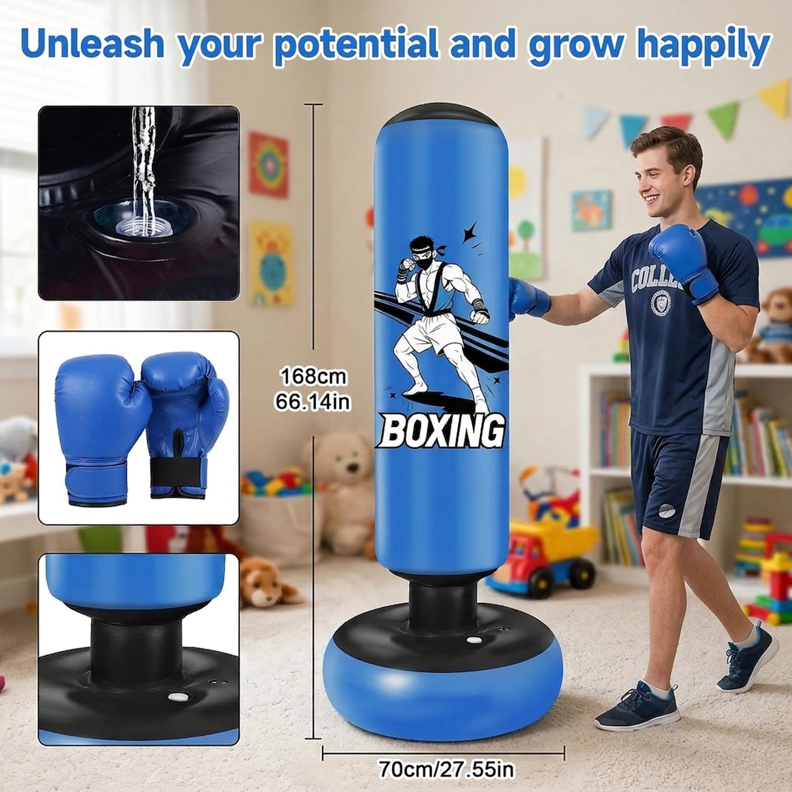 Sac de Frappe Enfant sur Pied 168cm Bleu, avec Gants de Boxe et Pompe Punching Ball Enfants pour Karaté, Taekwondo Fille & Garçon 5-12 Ans - 5
