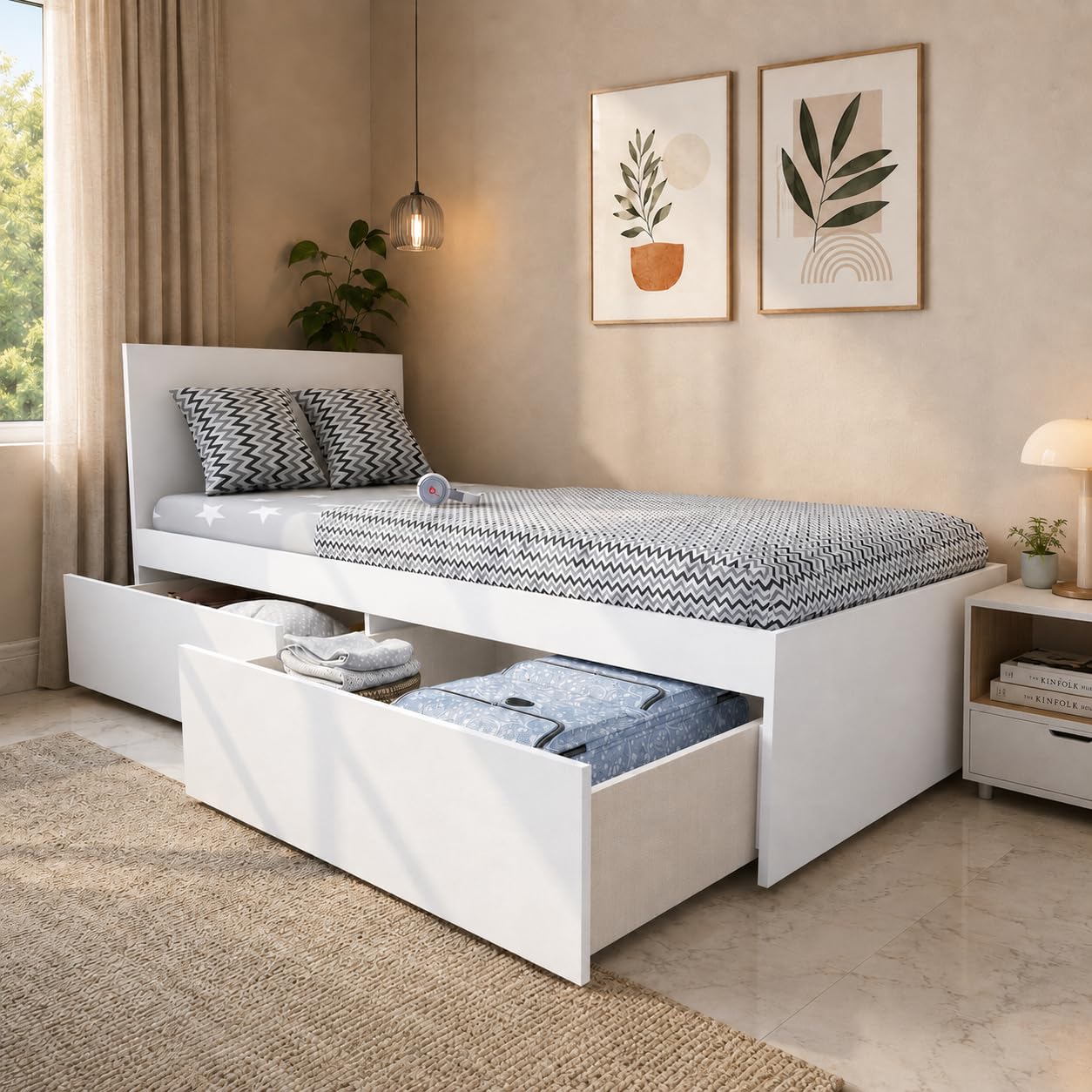 Studio Kook Tribe with Headboard Engineered Wood Single Bed with Drawers (Moonshine White, Left Side Drawer)