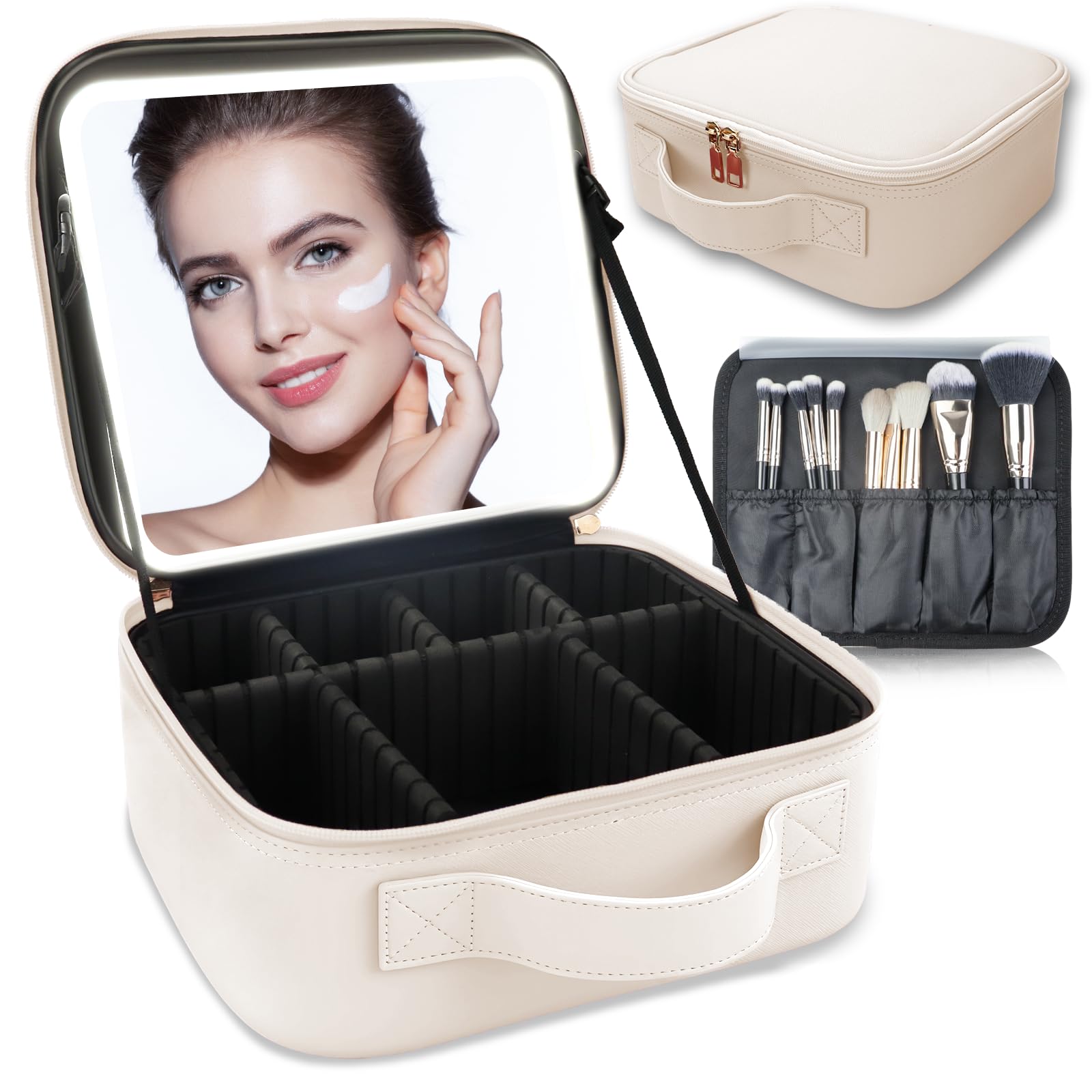 SUILU Makeup Bag with Led Mirror,with 3 Color Setting,Portable Storage and Adjustable Dividers Travel Makeup Bag, for Women and Makeup Artists Large