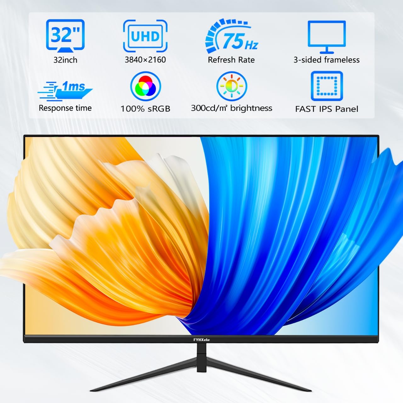Monitor de computadora UHD 4K de 32 pulgadas, 75 Hz 1MS, monitor IPS para diseño, juegos casuales, trabajo, monitor de bisel ultradelgado compatible con sincronización adaptativa, 100% sRGB, HDR10, 2X