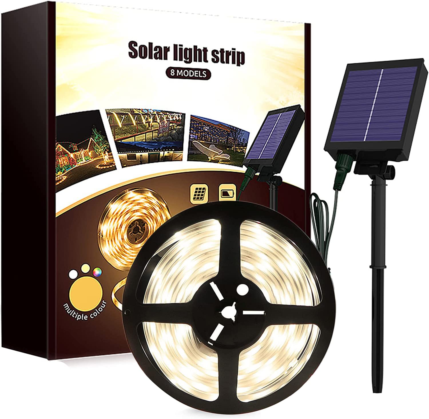 KINGCOO Solar LED Streifen Außen, Wasserdicht 10m 240LED Strip Dimmbare Ribbon Lichtleisten 8 Modi mit Fernbedienung für Gartenbäume Zuhause Weihnachten Terrasse Party Dekoration (Warmweiß)