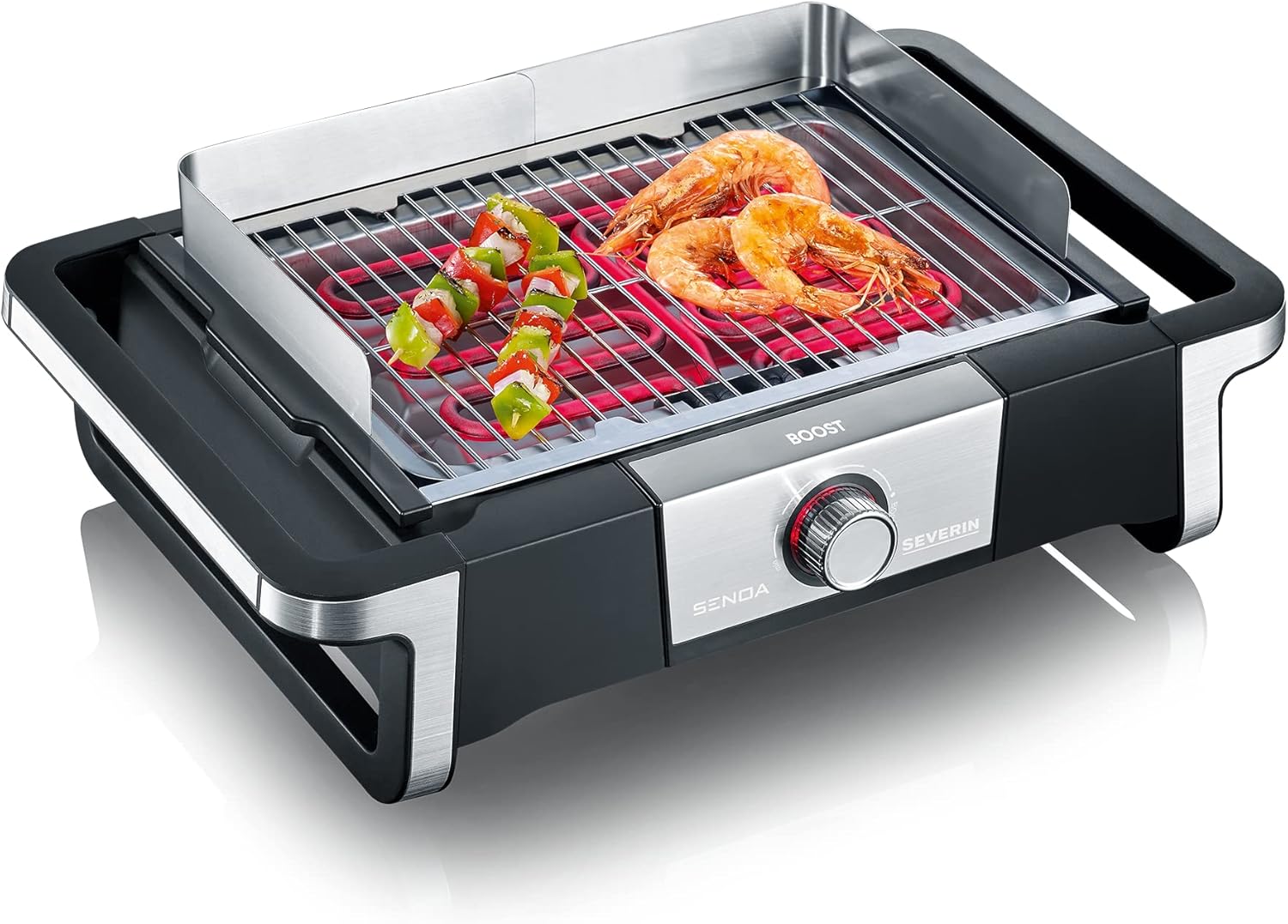 SEVERIN SENOA BOOST Barbecue Elettrico per Interni ed Esterni, Grill Elettrico 3000W con Avvio Rapido fino a 500°C, Griglia Elettrica con Superficie SafeTouch, Inox/Nero, PG 8113 SEVERIN SENOA BOOST Barbecue Elettrico per Interni ed Esterni, Grill Elettrico 3000W con Avvio Rapido fino a 500°C, Griglia Elettrica con Superficie SafeTouch, Inox/Nero, PG 8113
