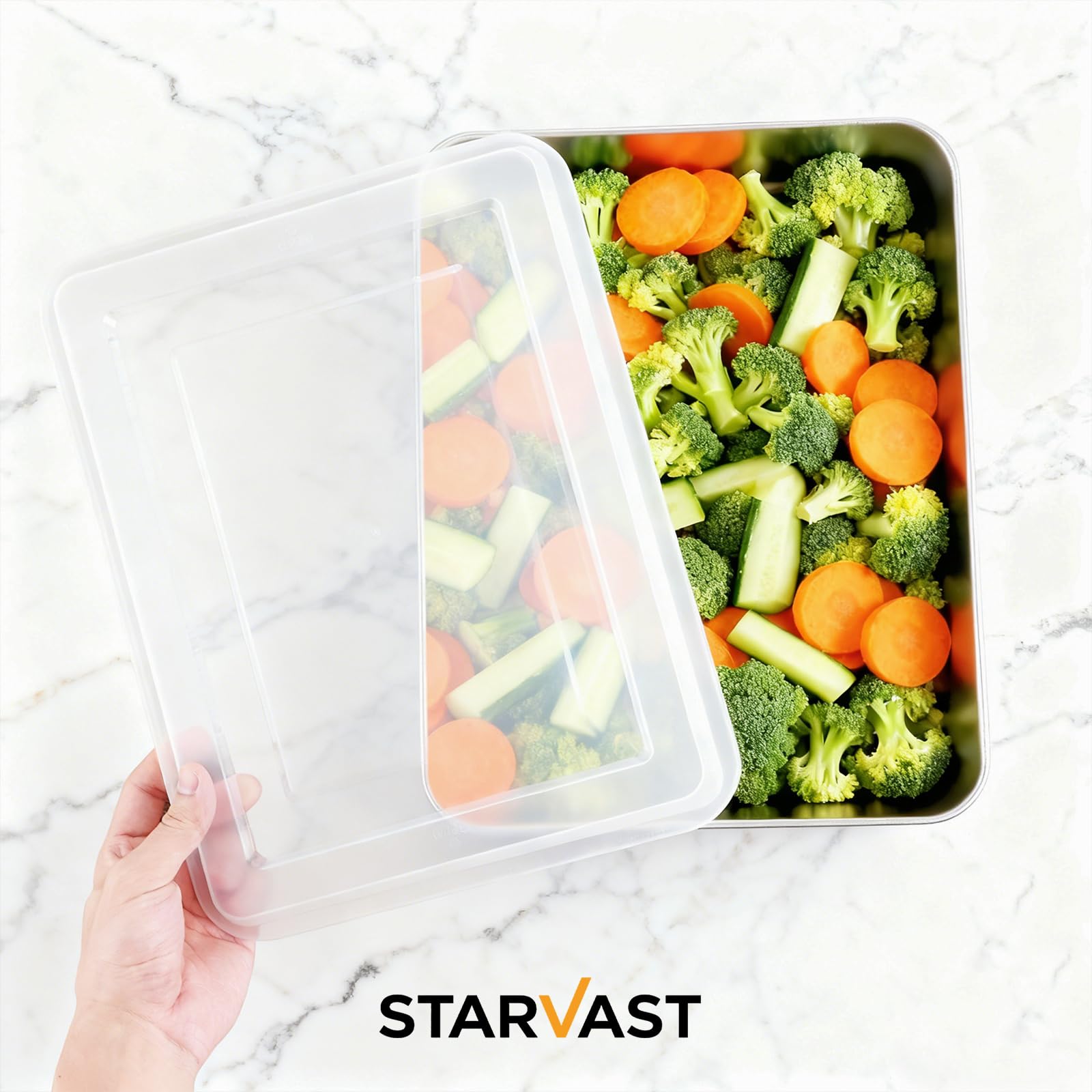 STARVAST 3 teglia da forno profonda con coperchio, 31 x 24 x 5 cm, in acciaio inox, rettangolare, per cottura a secco, ideale per torte di brownie e lasagna, finitura a specchio e panno