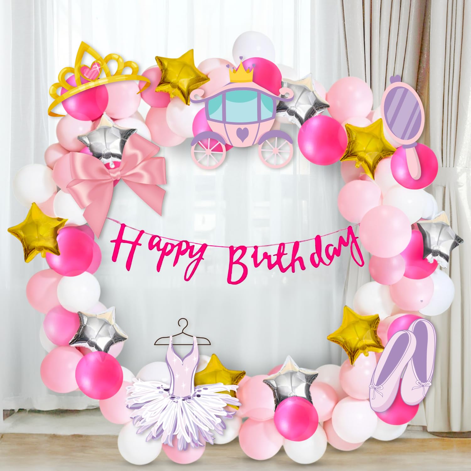 Party Propz Princess Theme Birthday Decoration Kit - 64Pcs Birthday Theme Decoration, Princess Cutouts, Silver and Gold Star Foil Balloons, Pink Banner (Cardstock)
