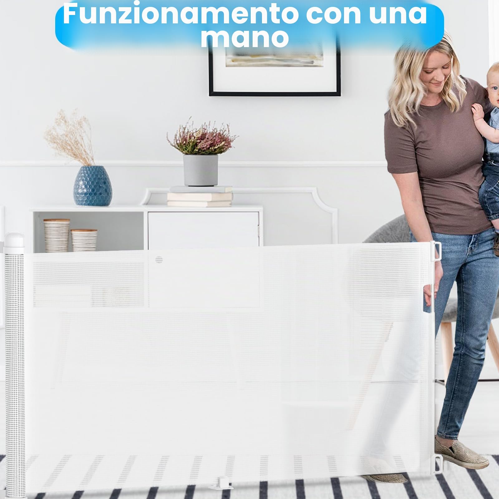 LZQ Cancelletto di protezione per porte e scale a rullo per bambini e animali domestici, 0-300 cm, 87 cm di altezza, Barriera per bambini, Adatto per scale/porte/interni ed esterni, Bianco