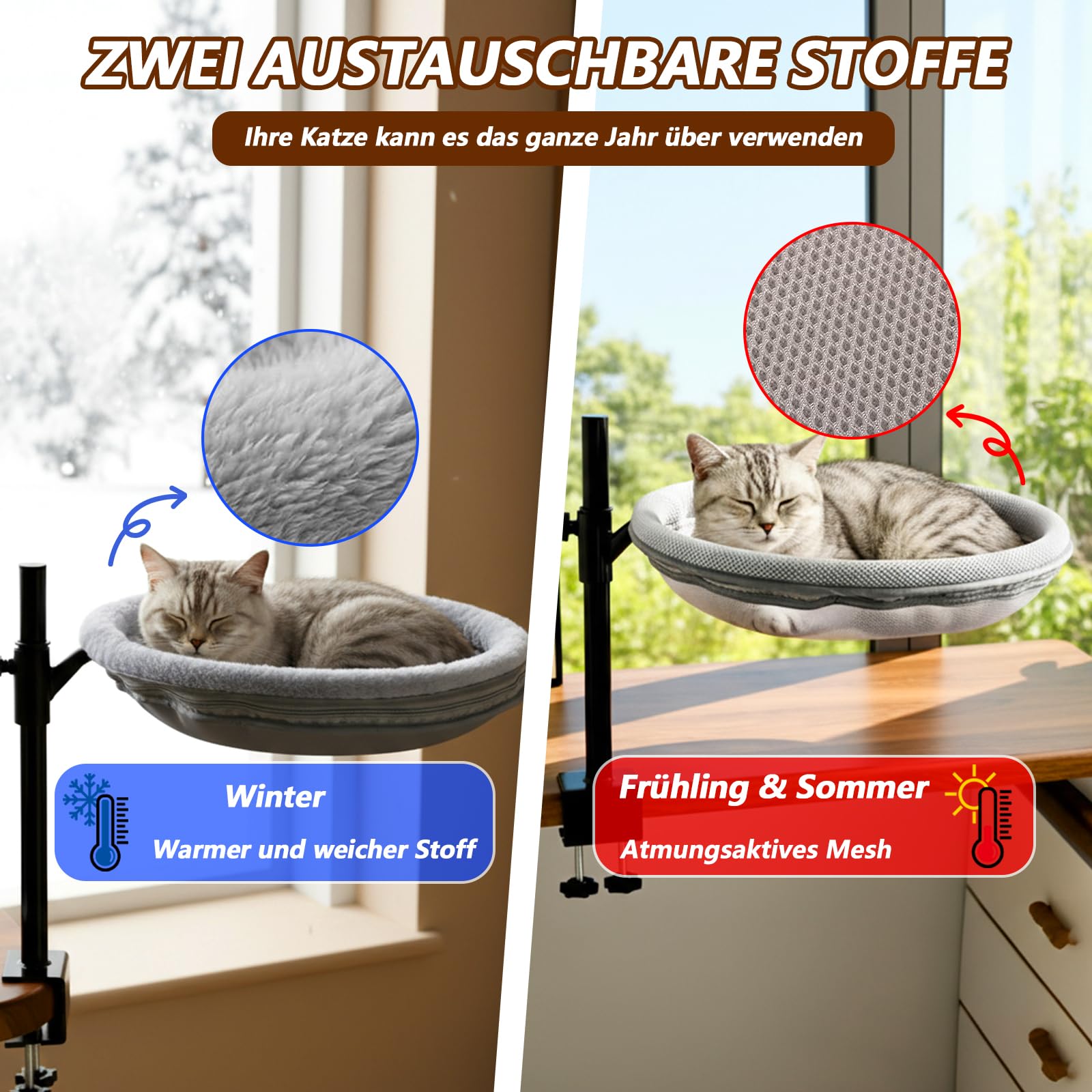 Katzenbett Schreibtisch, 360° drehbar & Höhenverstellbar, Max 33lb | Katzenkorb Schreibtisch mit 2 waschbaren Bezügen, Katzen Hängematte für Home, Office, Büroschreibtische, Spieltische-Grau