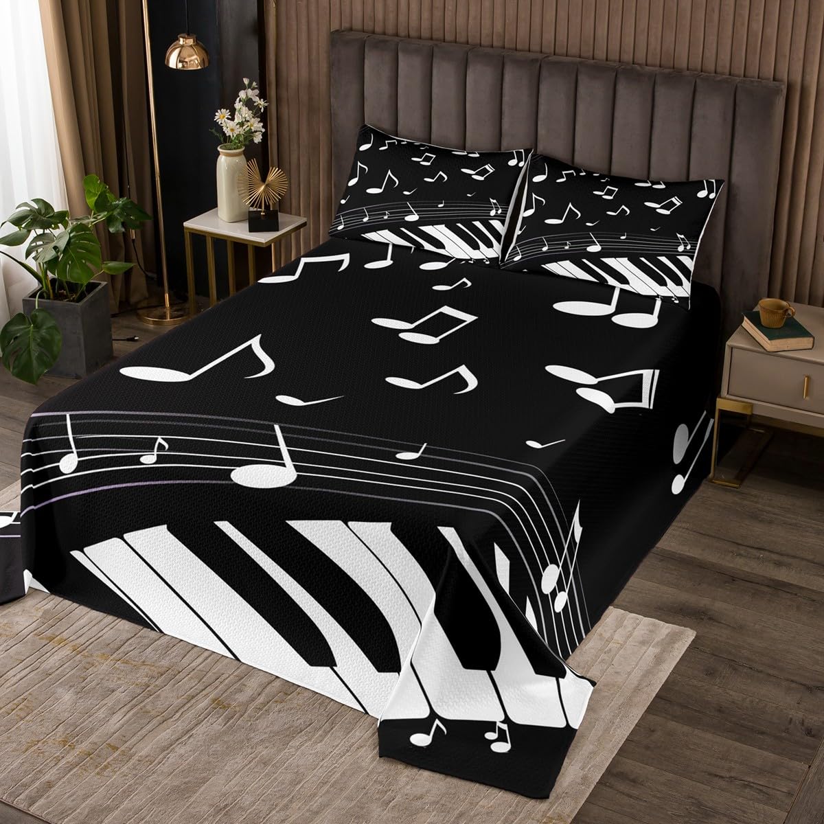 Castle Fairy Piano Quilt Set Twin Size,Kids Boys Teens Girls Piano Keys Lightweight Coverlet Bedspread,Rock Musical Bed Cover Set,Music Notes Bedspread 2 Piece (1 Quilt,1 Pillow Sham)