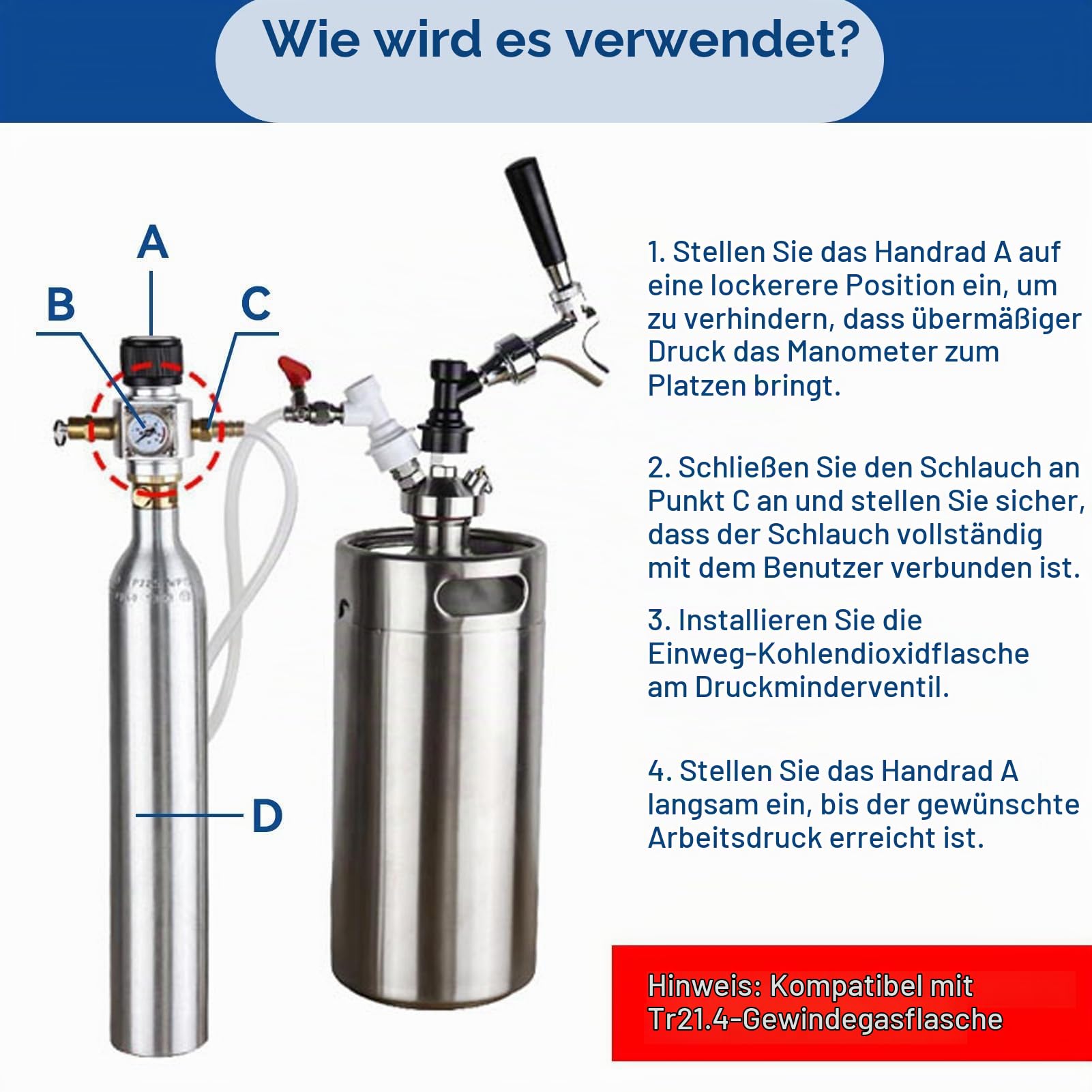 CO2-Regler, CO2 Druckminderer 2 in 1 Mini-CO2-Gasregler TR21.4 Soda-Manometer 0-90 PSI, Edelstahl Mini Gasregler,CO2 Keg Charger,Soda Manometer
