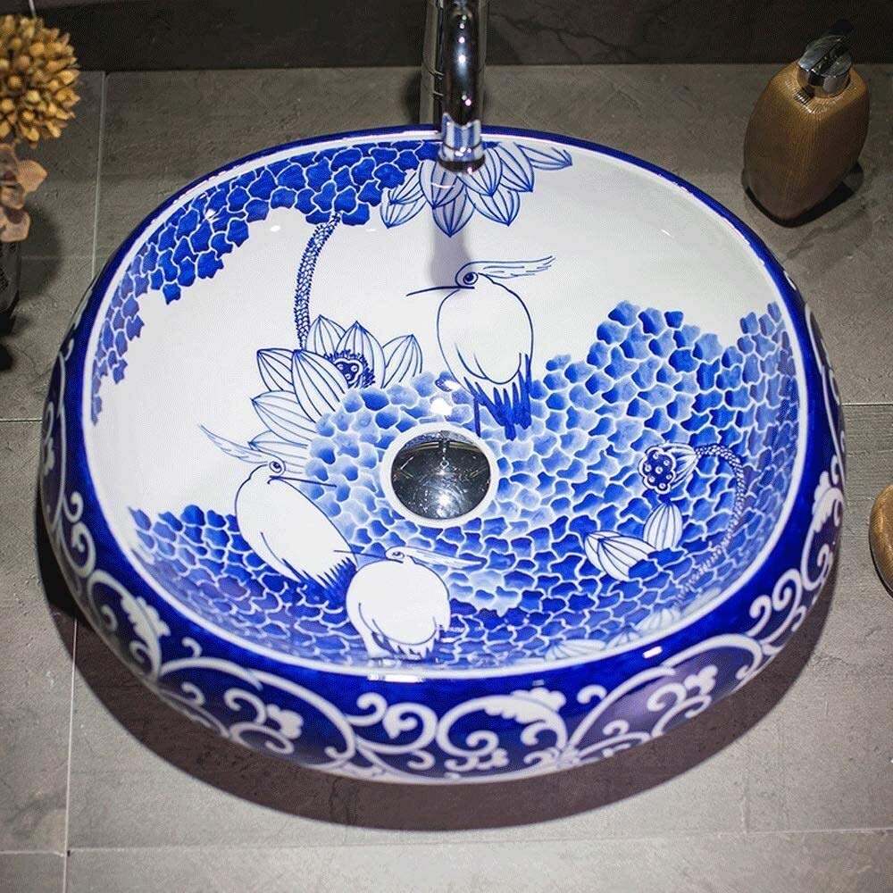 Szafka Pod Umywalkę Z Umywalką, Umywalka Nablatowa, Umywalka Nablatowa, Umywalka Ceramiczna Nablatowa, Umywalka Porcelanowa, Ręcznie Malowana Umywalka Z Motywem Ptaka Lotosu