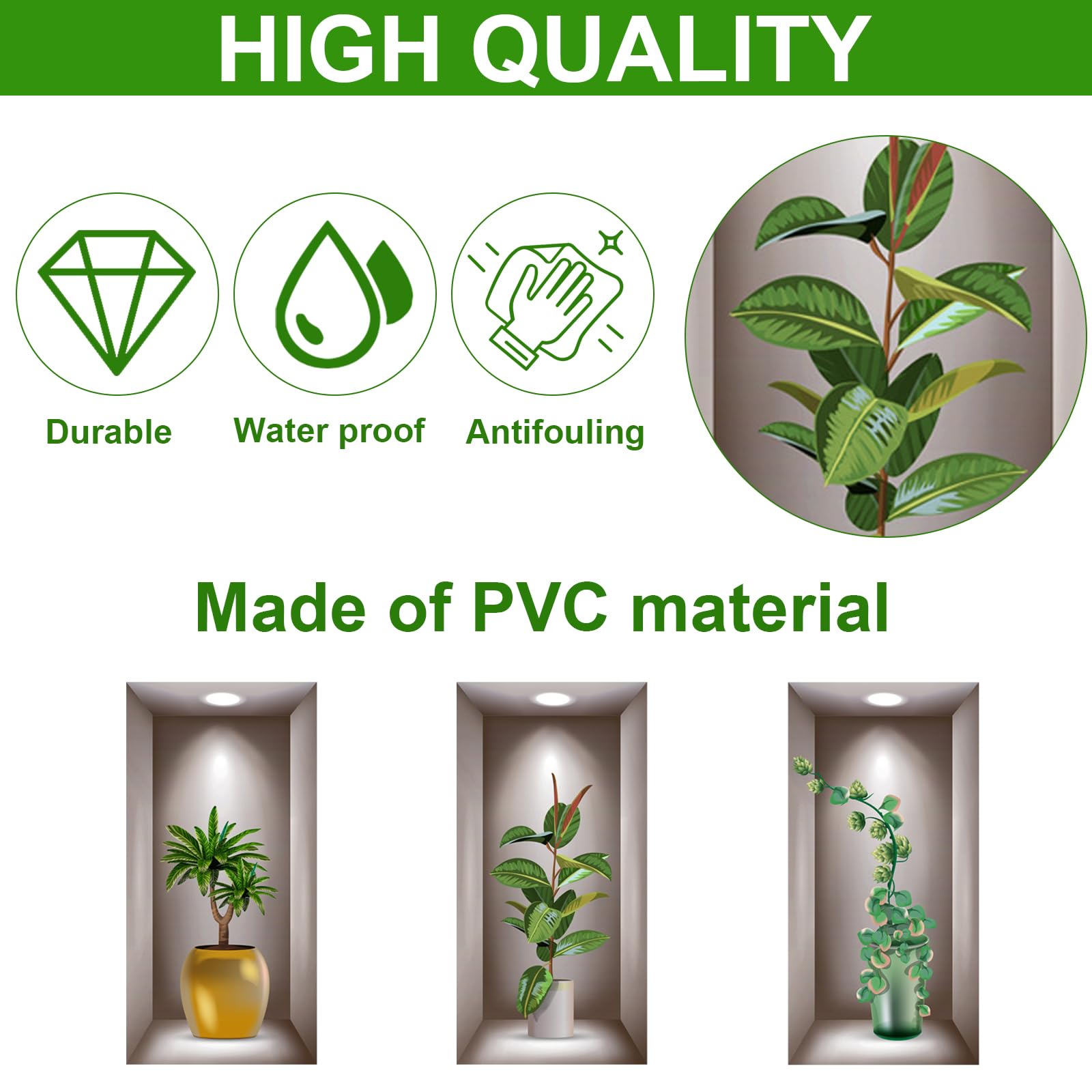 Lot De 3 Stickers Muraux 3D Effet Vase Avec Plantes Vertes – Décoration Naturelle Et Élégante Pour Salon, Chambre, Cuisine (40x60 Cm)