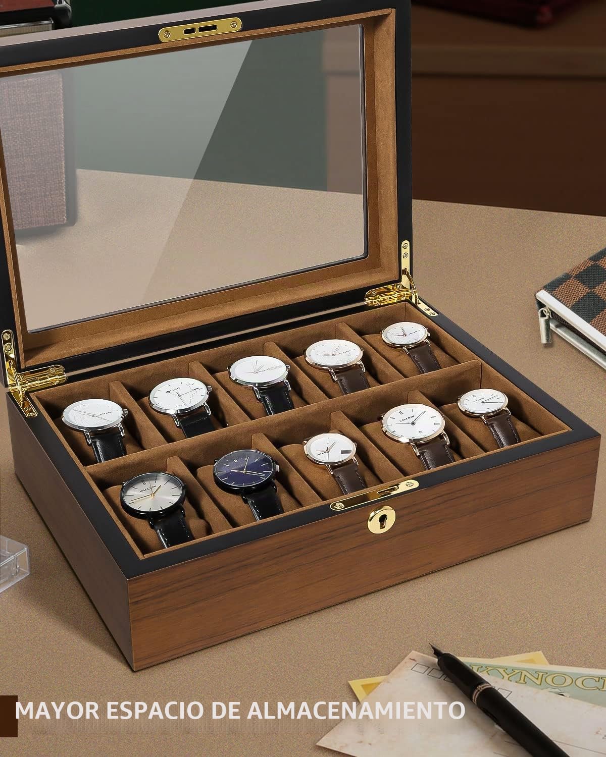 Uten Caja de reloj con 10 ranuras, organizador de relojes con cerradura dorada y llave, caja de almacenamiento de madera con cojines extraíbles para reloj, forro de terciopelo, cierre de metal, regalo