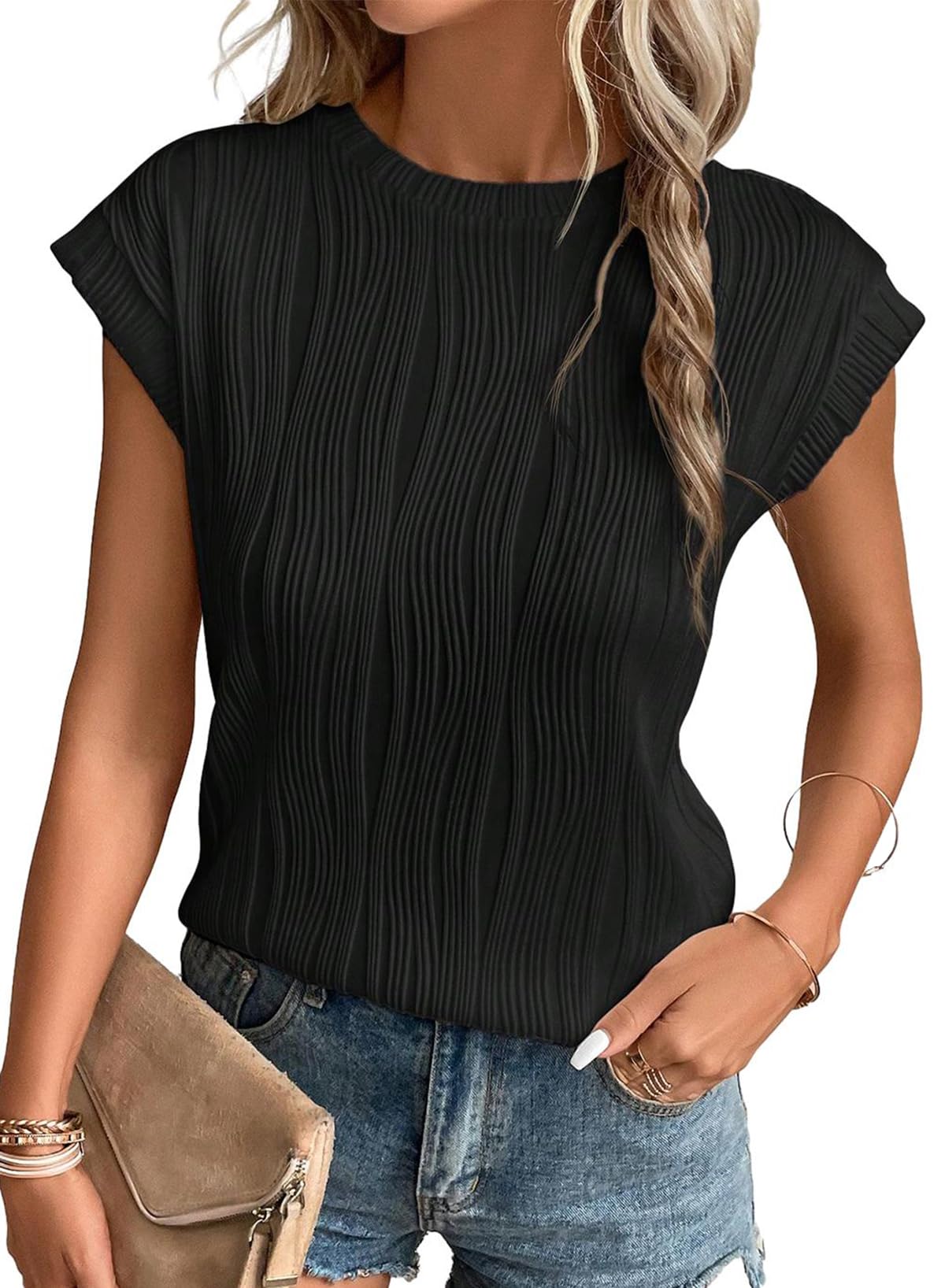 Dokotoo Damen T-Shirt Rundhals Flügelärmeln Oberteile Sommer Casual Struktur Bluse Shirts Top S-XXL