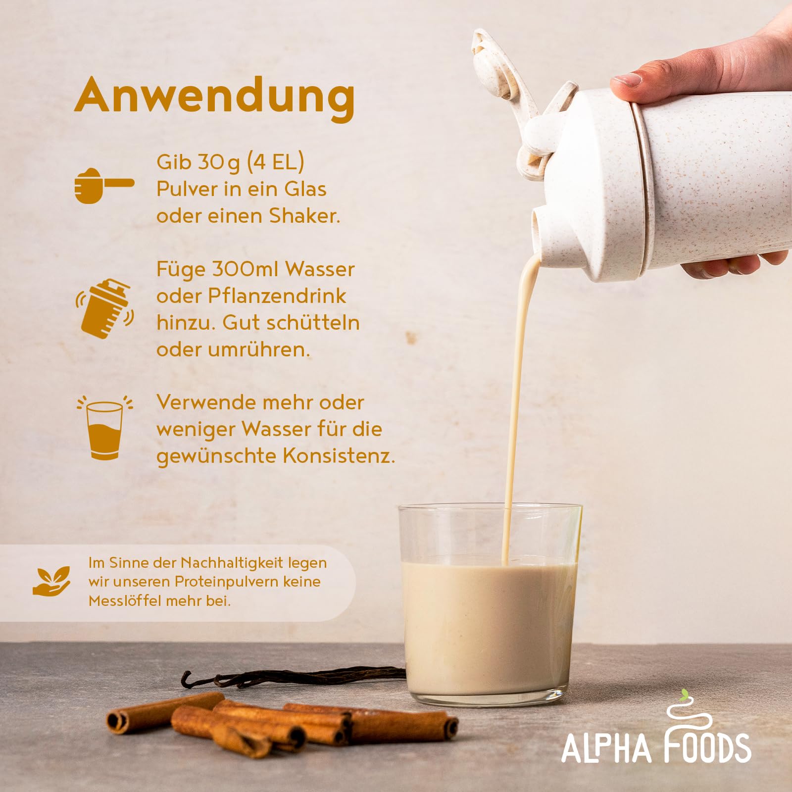 Alpha Foods Vegan Protein Pulver, 1200g, 22g Proteingehalt pro Portion, Vanille Geschmack, 40 Shake Portionen, pflanzliches Proteinpulver, optimales Aminosäurenprofil
