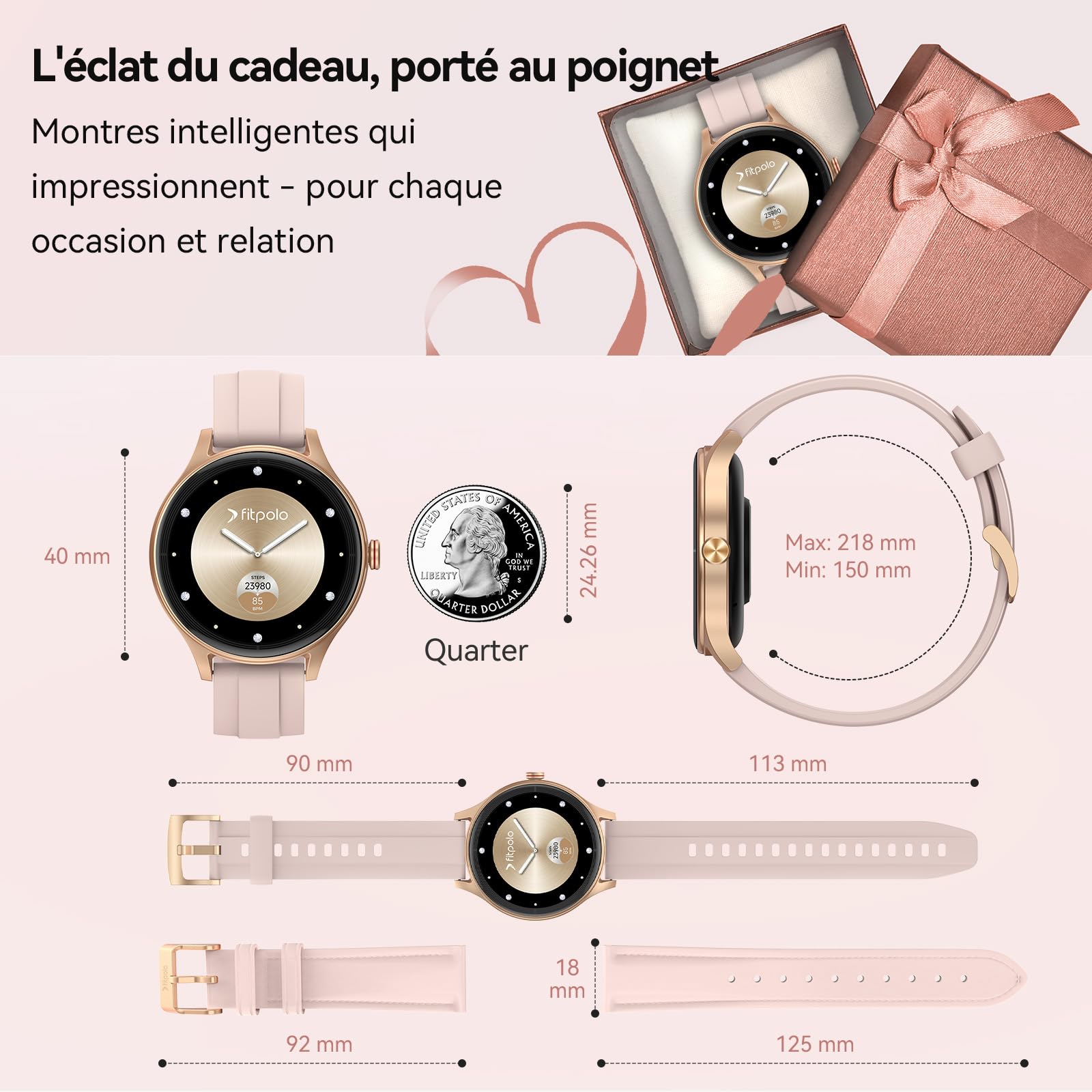 Montre Connectée Femme Smartwatch 1.57" Appel Bluetooth Surveillance Fréquence Cardiaque Sommeil 3ATM étanche 120+ Modes Sport Podometre