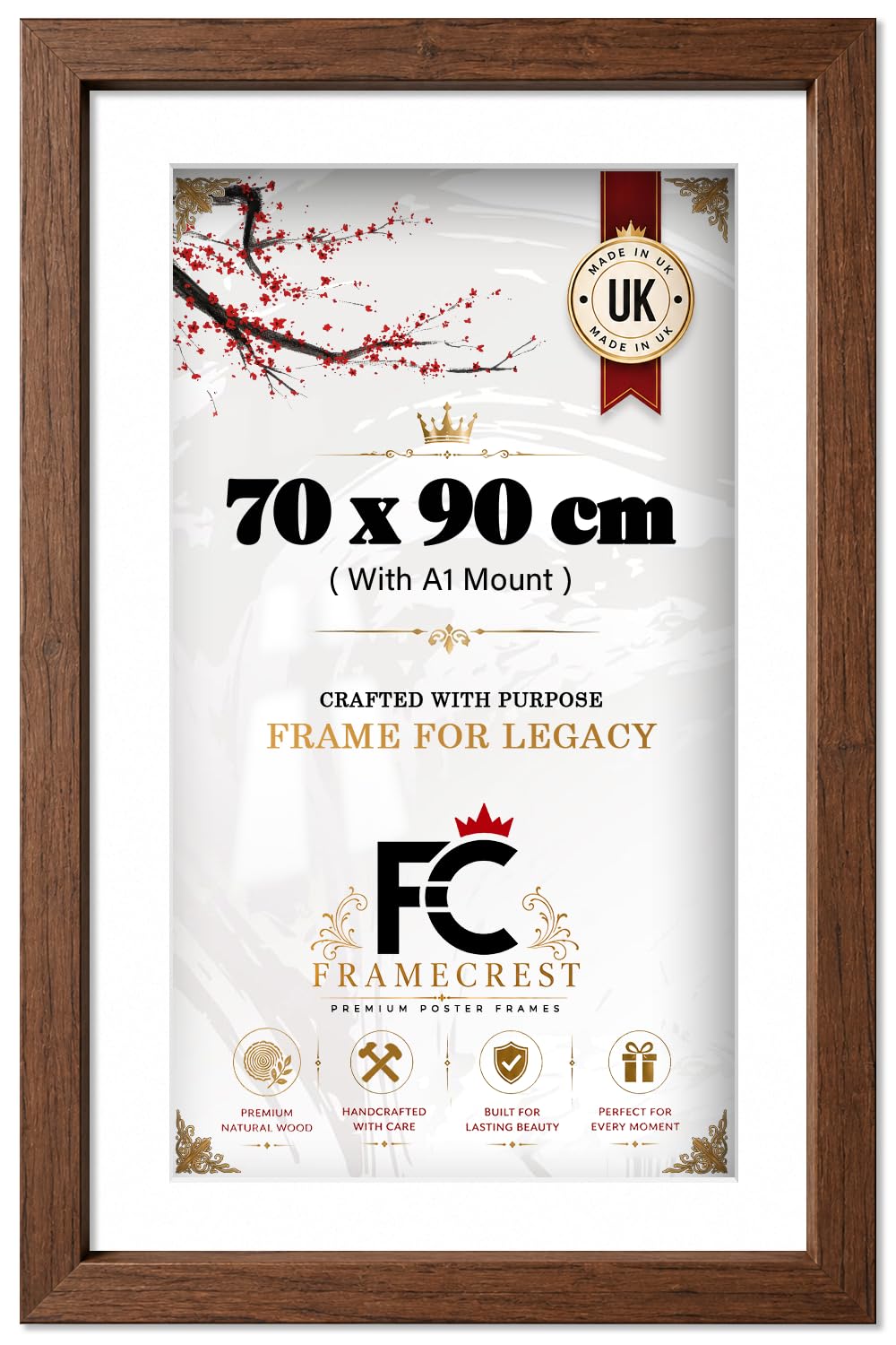 FRAMECREST LTD 70x90 CM Picture Frame MDF With A1 (59.40 X 84.10 CM) White Mount, Hanging Hooks For Portrait Or Landscape, Matted 36 X 28 Inch Wall Frame With Mount For Home Decor - [Dark Oak] — image 1