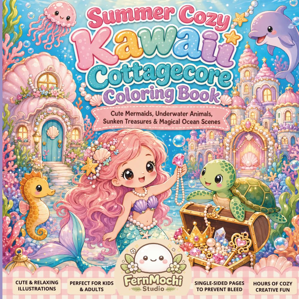 Summer Cozy Kawaii Cottagecore Coloring Book: Cute Mermaids, underwater animals, sunken treasures & Magical Ocean Scenes