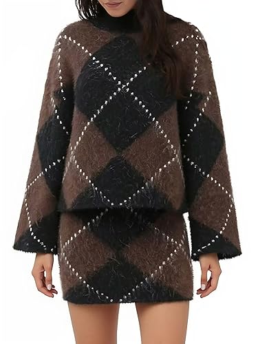 Women 2 Piece Sweater Skirt Sets Argyle Plaid Preppy Style