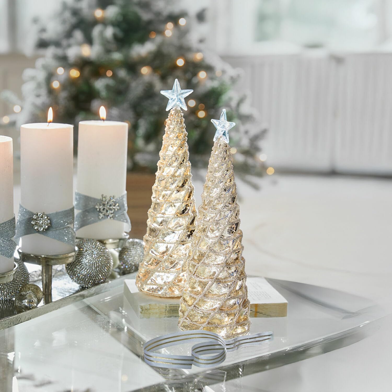 Loberon Deko-Baum 2er Set Glitter, Silber/klar | mit Bauernsilber, inkl. warmweiße LEDs, Wohn-Accessoire,Weihnachtsbeleuchtung, Weihnachtsdekoration, Weihnachten, Glas
