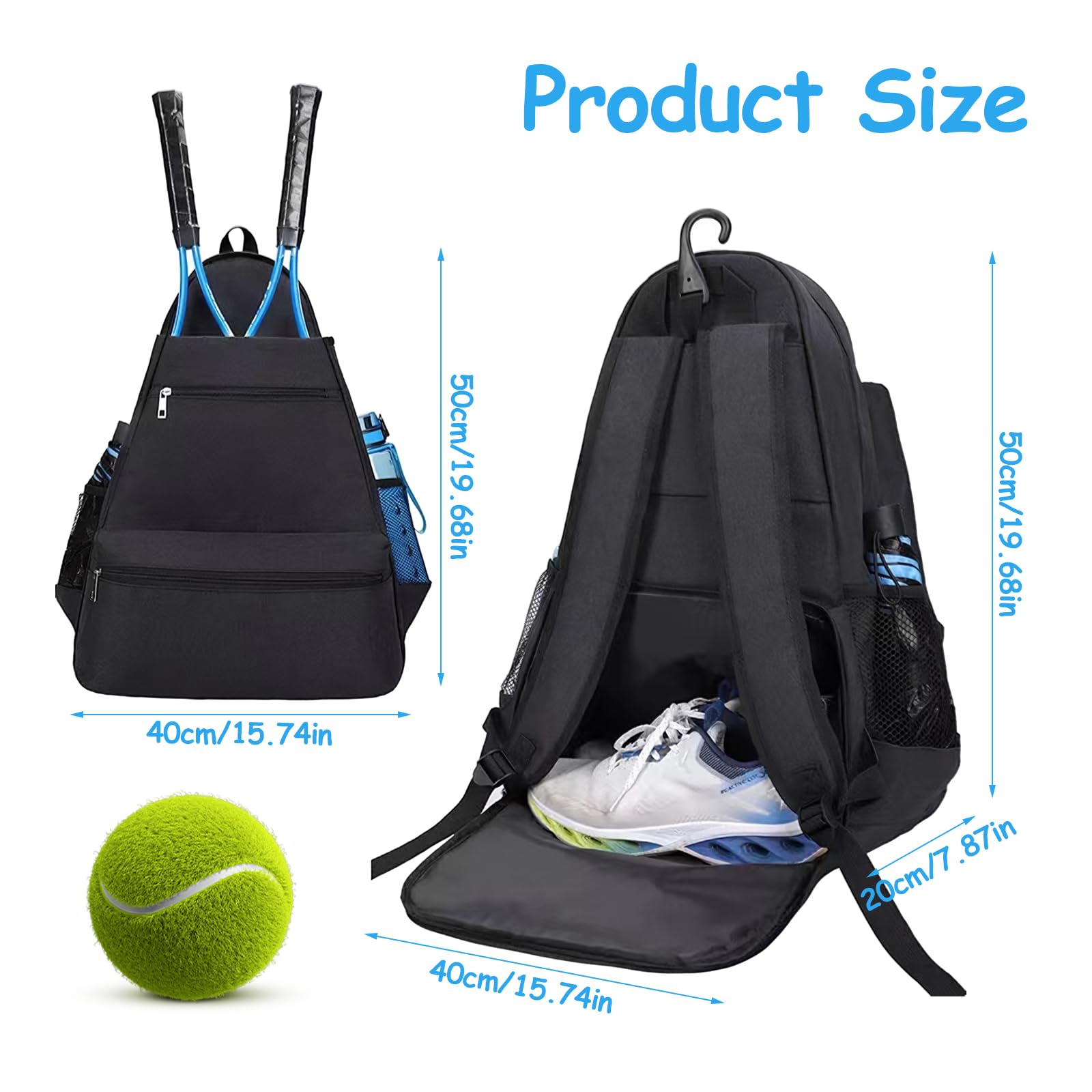 BlesMaller Zaino da Tennis con Scomparto per Scarpe e Protezione per la Racchetta Borsa da Tennis tattica per Donne/Uomini Borsa Sportiva (Nero
