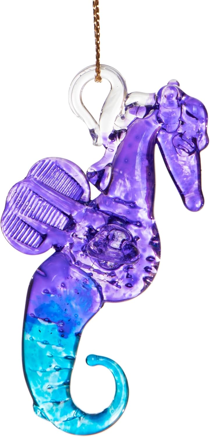 DGE Hand Blown Glass Seahorse Decor 3" Purple Blue Suncatcher for Window Hangings
