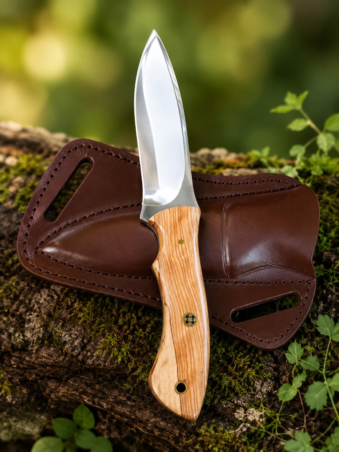 Handgeschmiedetes Jagdmesser mit Lederscheide, Bushcraft Messer feststehend aus 1095 Carbonstahl, Outdoor Survival Messer mit Olivenholzgriff, Camping Messer, Fahrtenmesser, EDC Messer für Jagd