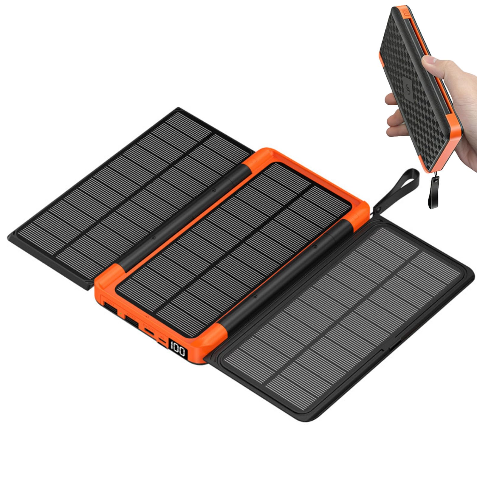 Powerbank Solar 20000 mAh, Dos Puertos USB, Tipo-C, Función de Carga Inalámbrica, Carga 4 Dispositivos al Mismo Tiempo, Cables Integrados, Cargador Portátil para iPhone, Android, Viajes