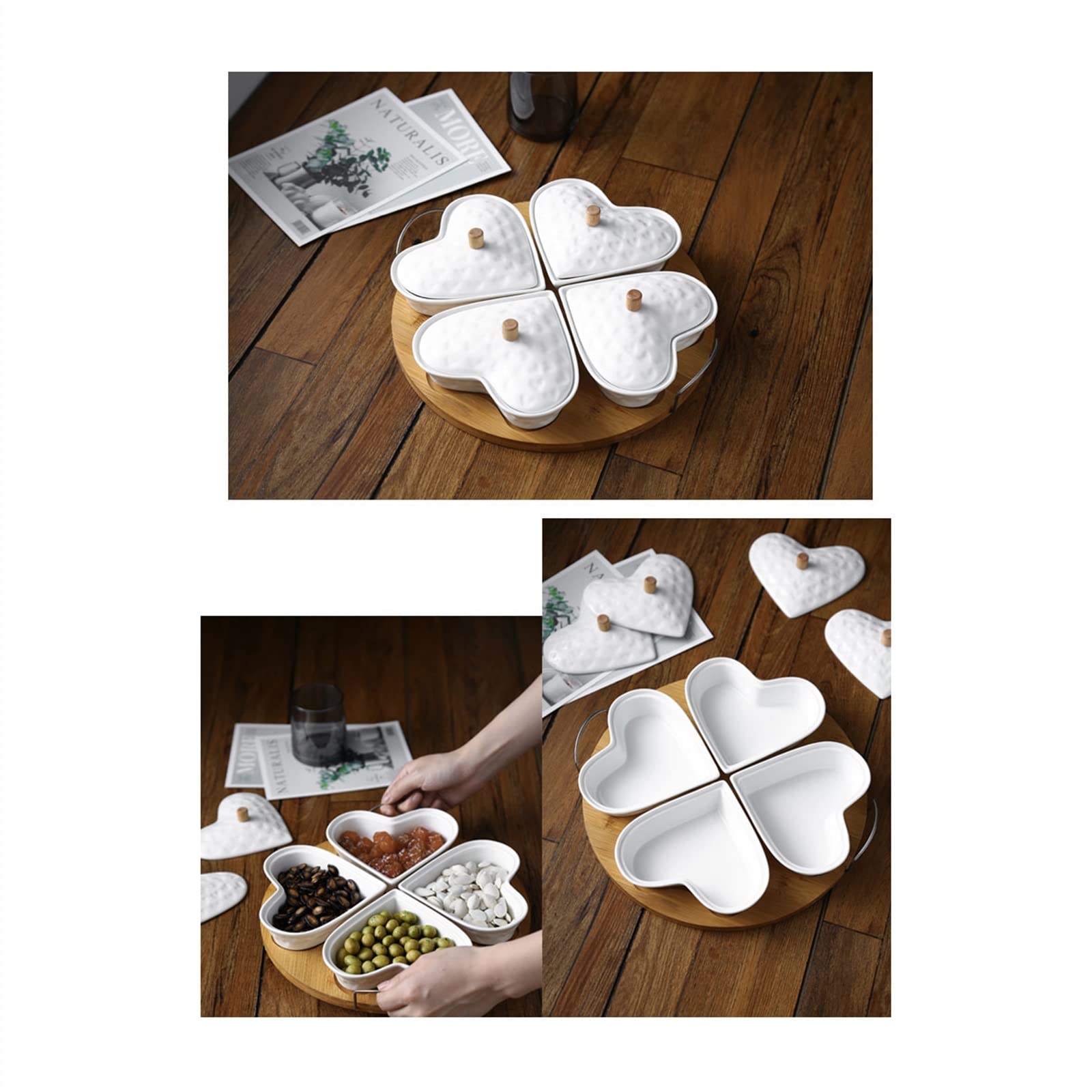 Ciotoline da Snack Set di ciotole da portata Ciotole for salse con vassoio da portata Piatto di frutta diviso in ceramica Tè pomeridiano Dim Sum Piatto di frutta secca con coperchio Piatti Snack Ceram