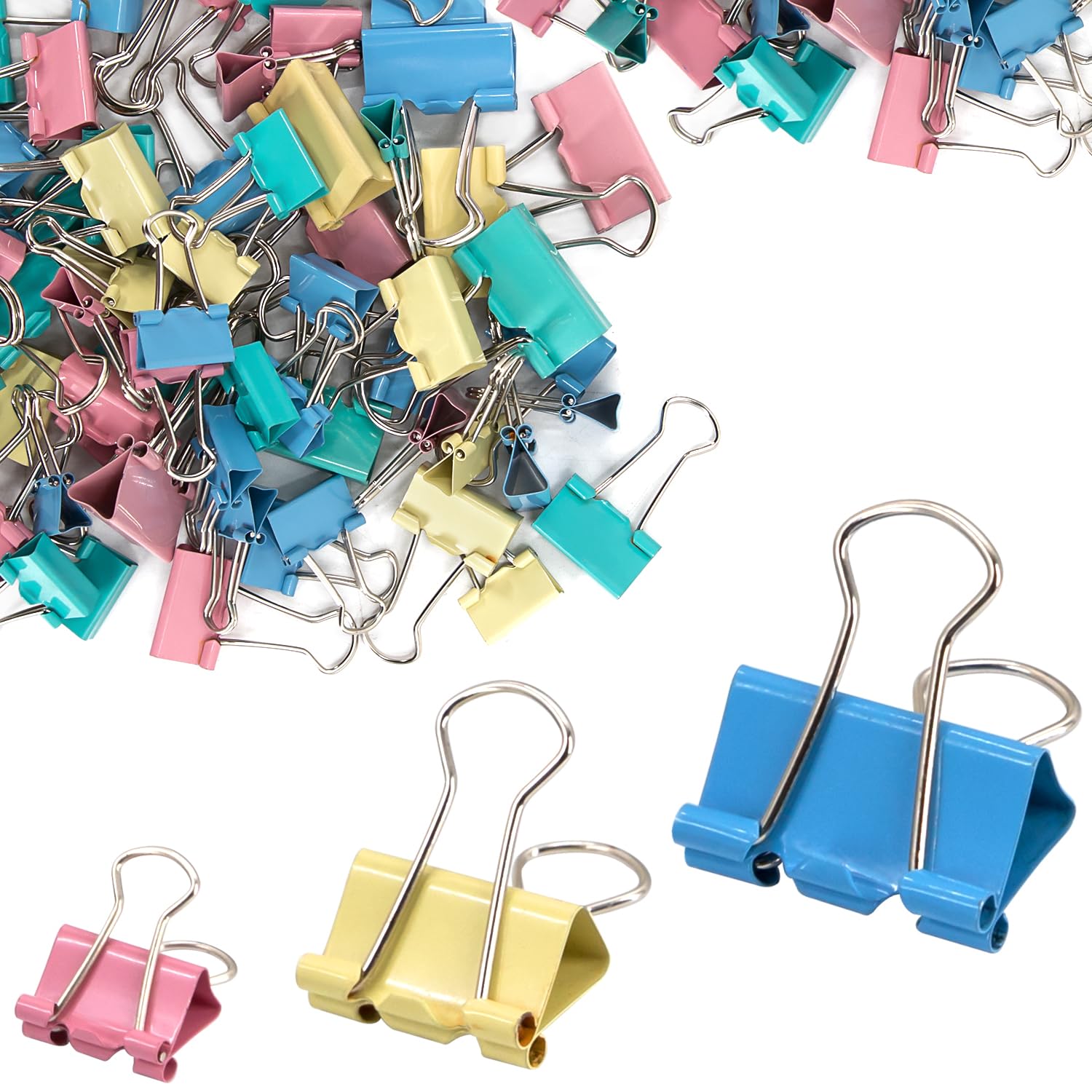 72Pcs Bulldog Clips, 15mm 19mm 25mm Assorted Size Paper Clips, Colored Metal Foldback Clips, File Money Papper Stationary Clamps for Office School Home Kitchen Shops