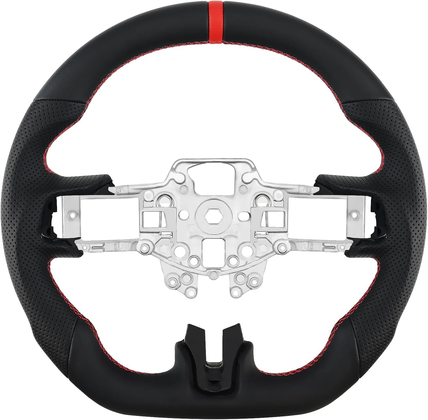 LOSCHEN Full Leather Steering Wheel for Mustang EcoBoost/GT/Shelby GT350/GT350R 2015-2017, Perforated Leather Steering Wheel, D-shaped Flat-bottom