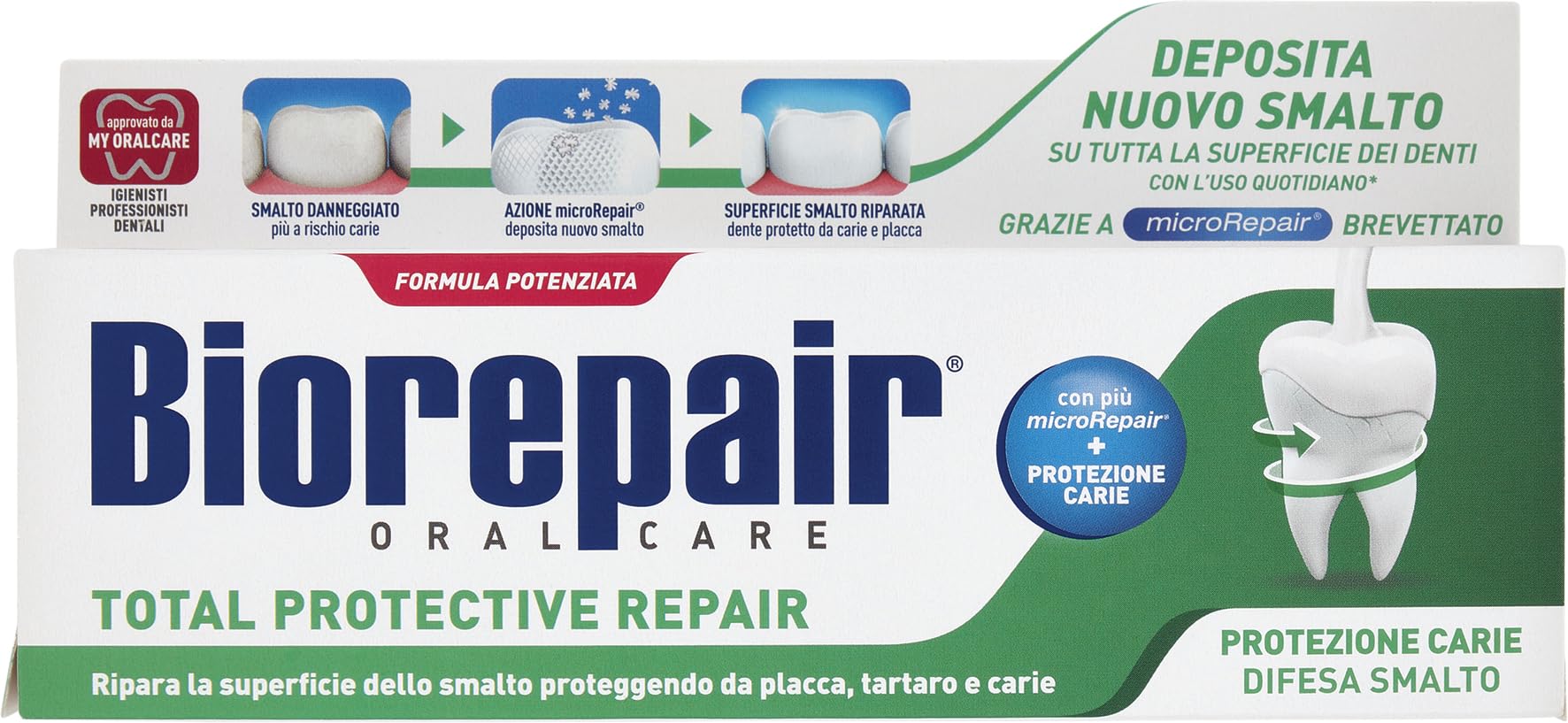 Biorepair, Total Protective Repair Zahnpasta, repariert Nagellack, schützt vor Plaque, Zahnstein und Karie, repariert Nagellack, hält den Atem frisch, Zahnpasta ohne Fluor, 75 ml