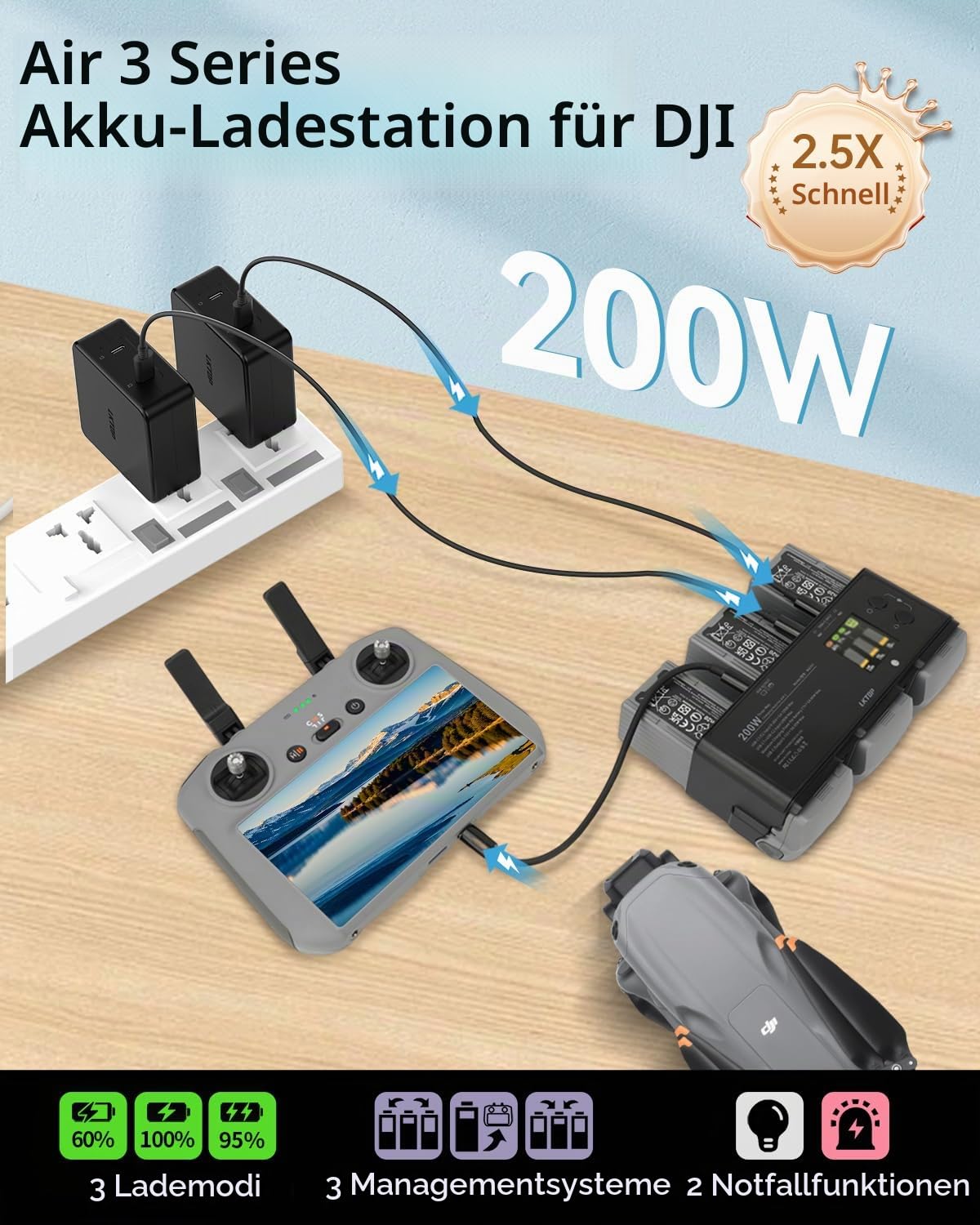 LKTOP 200W Air 3/Air 3S Akkuladestation Schnellladegerät Hub für DJI/Specta Air 3 Serie Drohne Akku Ladegerät, mit Batterie-Sammel/Balance/Schnellladung/Speicher/LED/Alarmmodus, LED-Anzeigebildschirm