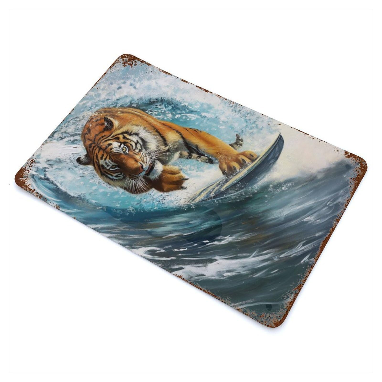 Retro Metal Sign with Surfing Tiger Surfer Wave Design 11.8"x7.9", for Farmhouse, Kitchen And Entryway Decor, Shabby Chic Decor
