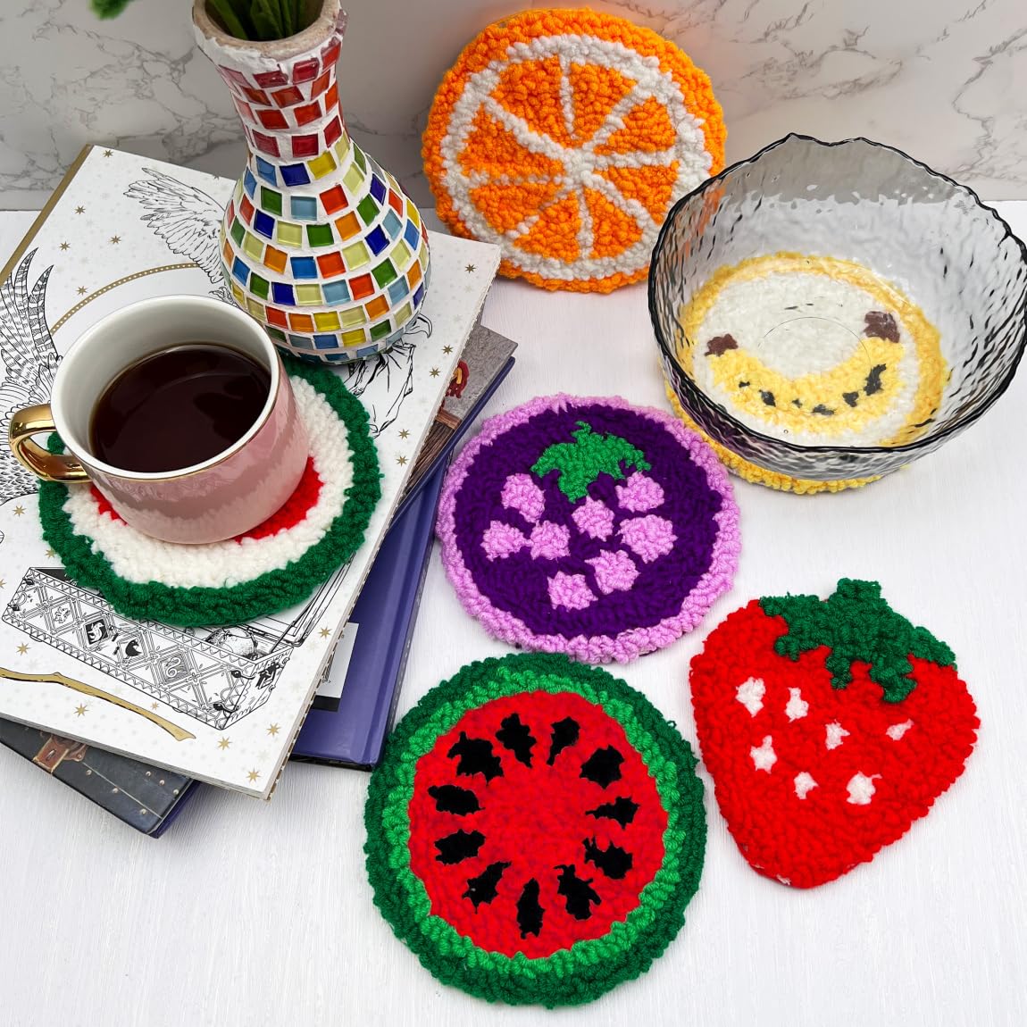 Punch Needle Kit for Adults Beginners, 6-Piece Cute Fruits Punch Needle Coaster Kit – Easy DIY Embroidery Craft Set with Instructions – Fun Needlepoint Tufting for Table Decor & Festival Gifts