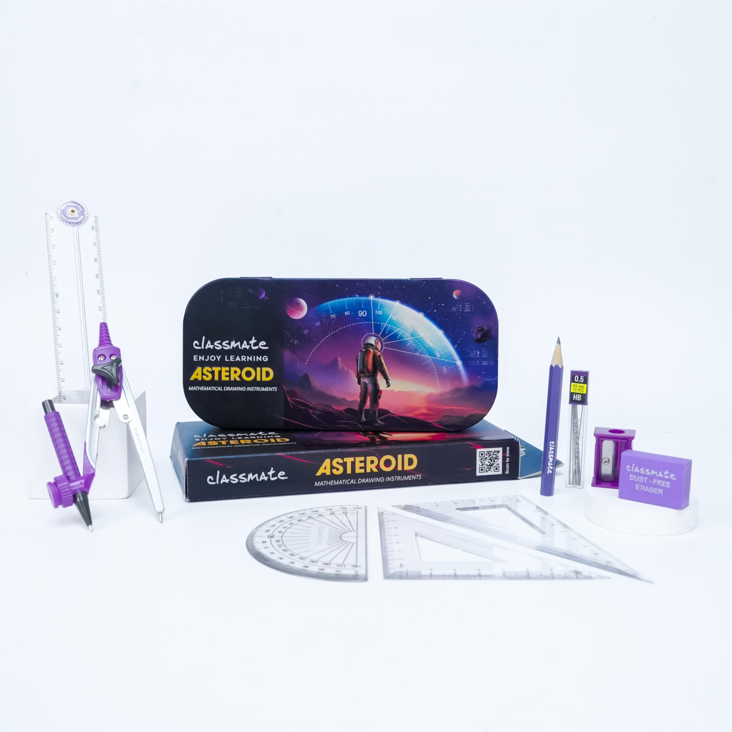 Classmate Asteroid Geometry Box | Compass-cum-Divider with arm locking mechanism | 30 cm Foldable Scale| Mechanical Pencil | Double sided tray