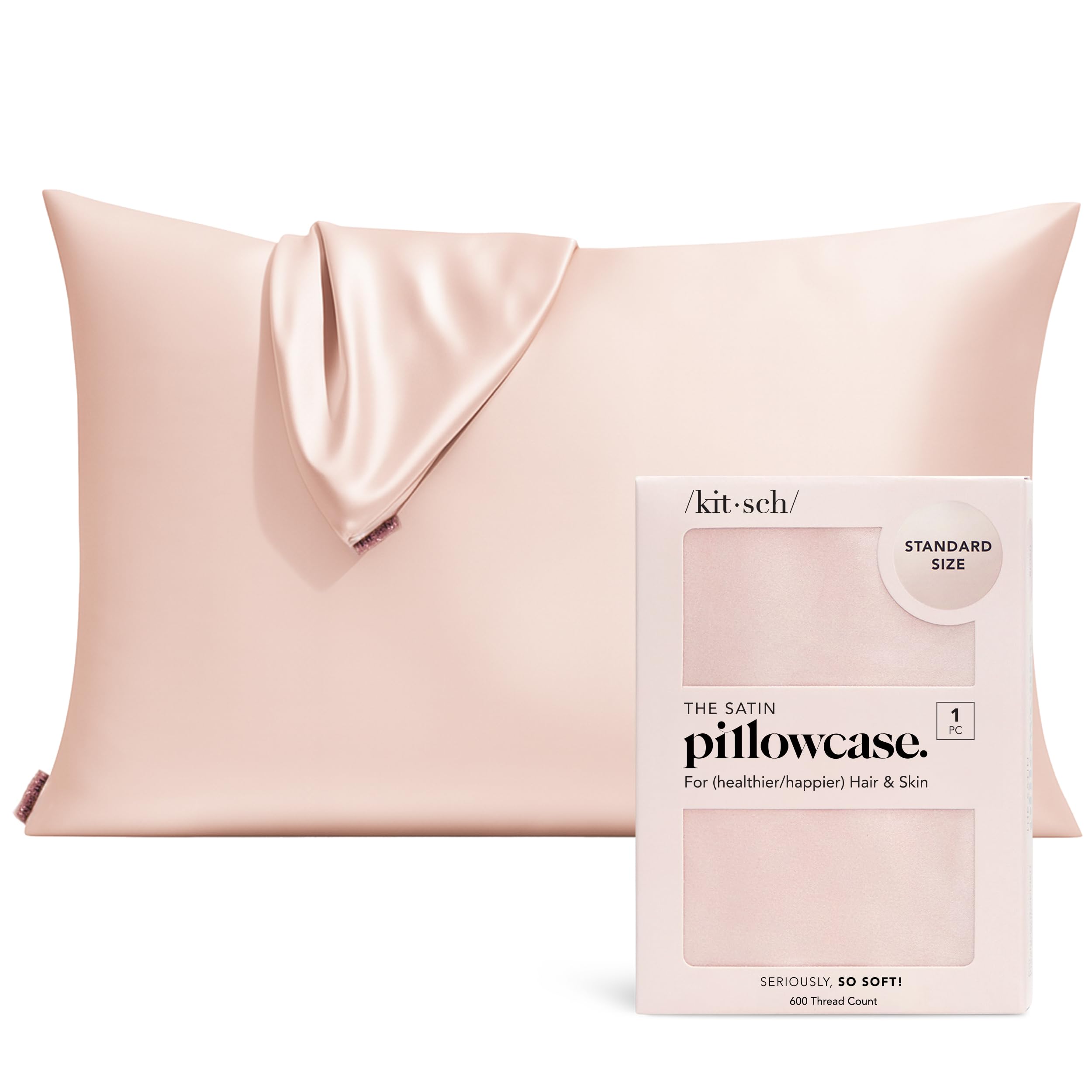 Kitsch Satin Pillowcase with Zipper for Hair & Skin, Softer Than Silk Pillow Cases Queen, Smooth Pillow Covers, Machine Washable, Wrinkle-Free, Cooling Satin Pillow Cases Standard Size 19"x26", Blush.OEKO-TEX STANDARD 100
