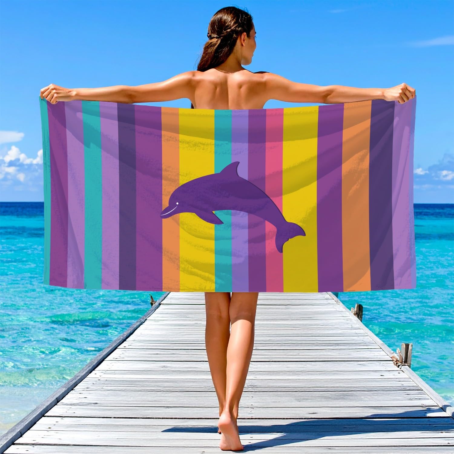 Einfach, geometrisch, symmetrisch Strandtuch 230 x 210 cm - Strandtuch trandtuch Leichtdünn Weich Strandtuch Delphinsilhouetten, Streifen,für Strand, Pool, Yoga, Picknick