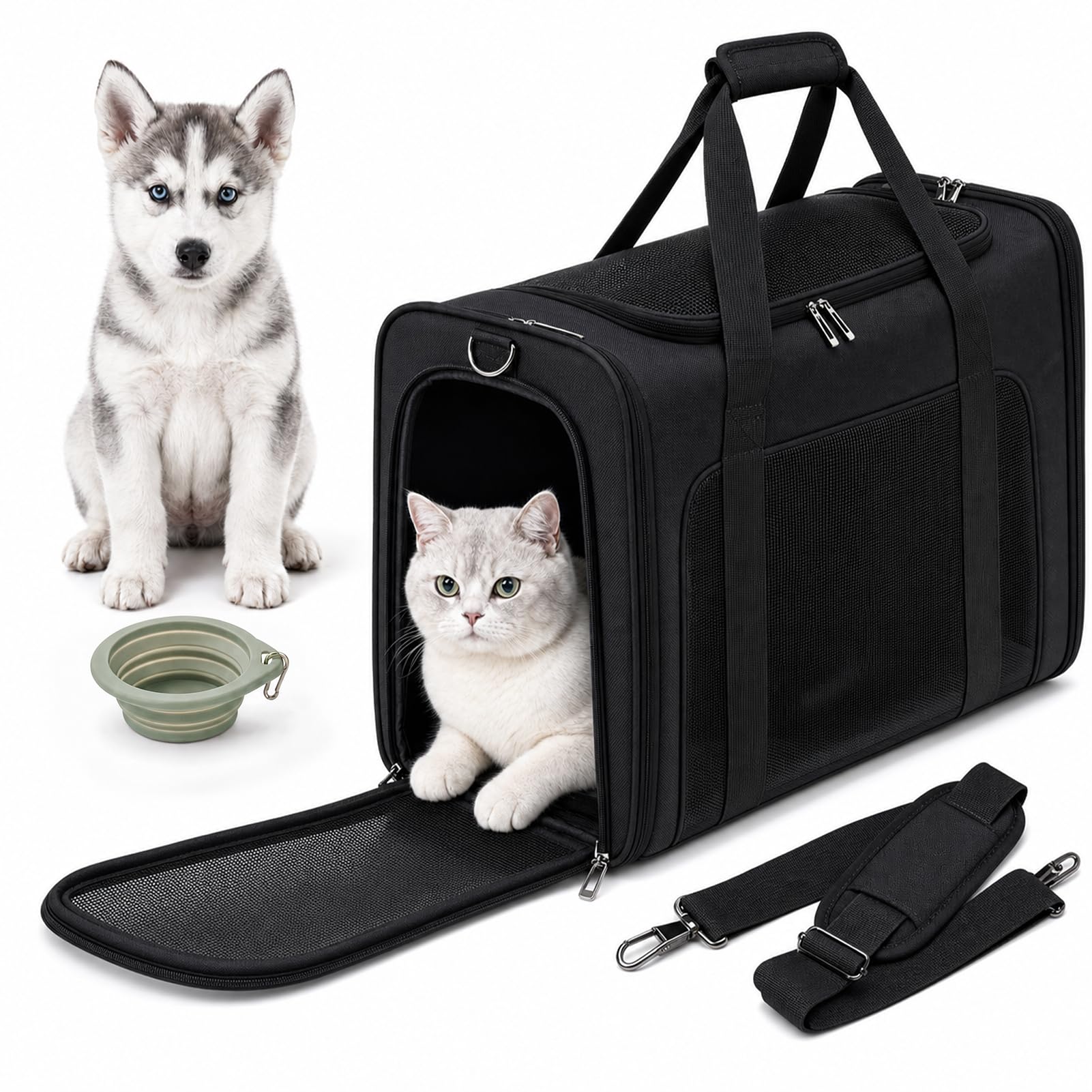 Trasportino Gatto Aereo 55x40x23cm Grande Pieghevole Trasportino Gatti Morbido Portatile Borsa per Cani Piccola Taglia 12kg Trasportinos Cani Omologato Aereo con Morbido Cuscino Lavabile