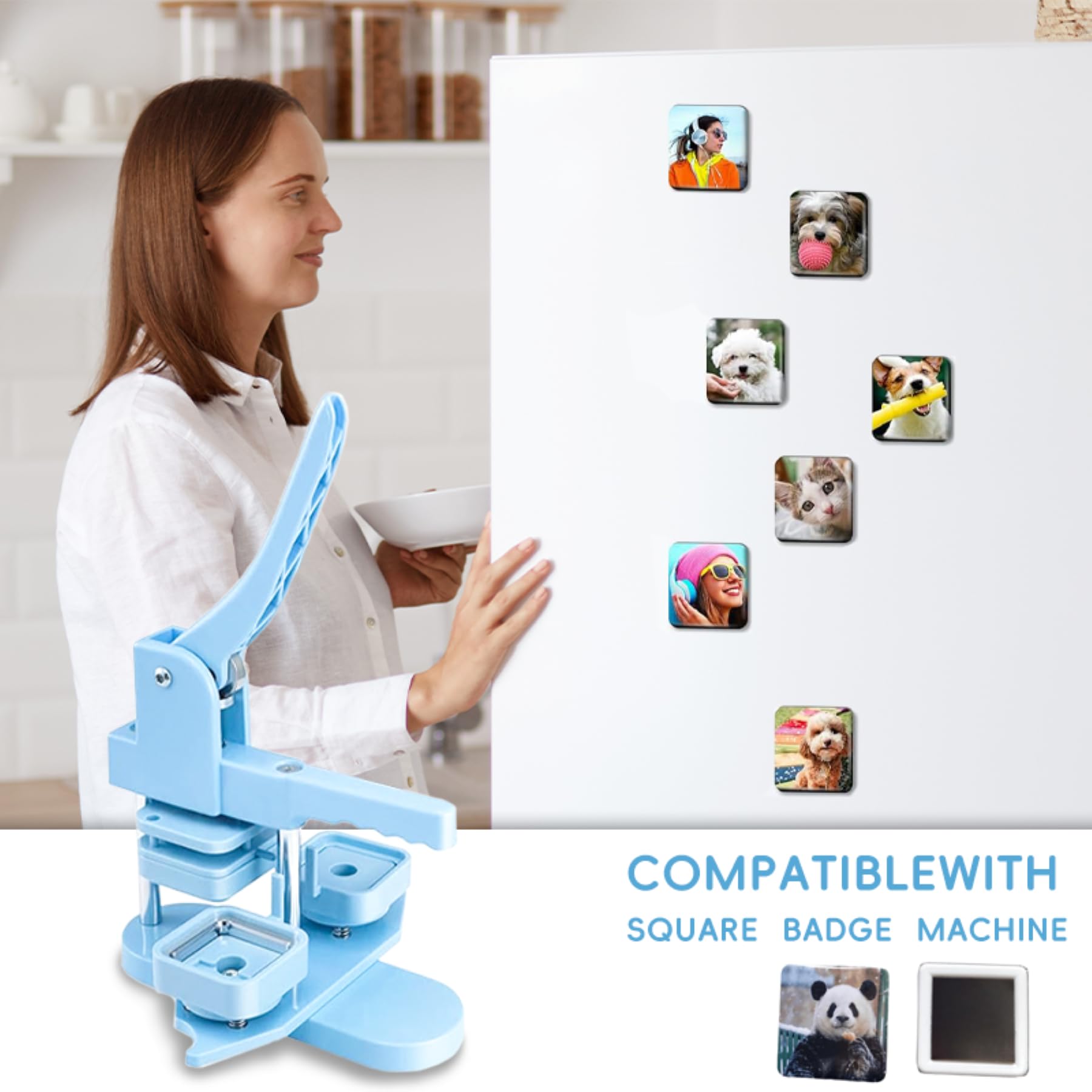 DCBADGE Máquina para hacer botones de forma cuadrada, 50 mm, kit de imán cuadrado para nevera con 100 juegos de suministros de imanes para refrigerador