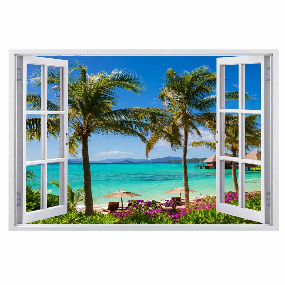 Wandbilder Wandtattoo 3D Palmen Wanddurchbruch Wandaufkleber Strand Naturlandschaft Fensterdeko Bilder Wanddeko Mädchen Aufkleber Selbstklebend Fenstersticker Wandsticker Kinderzimmer Deko