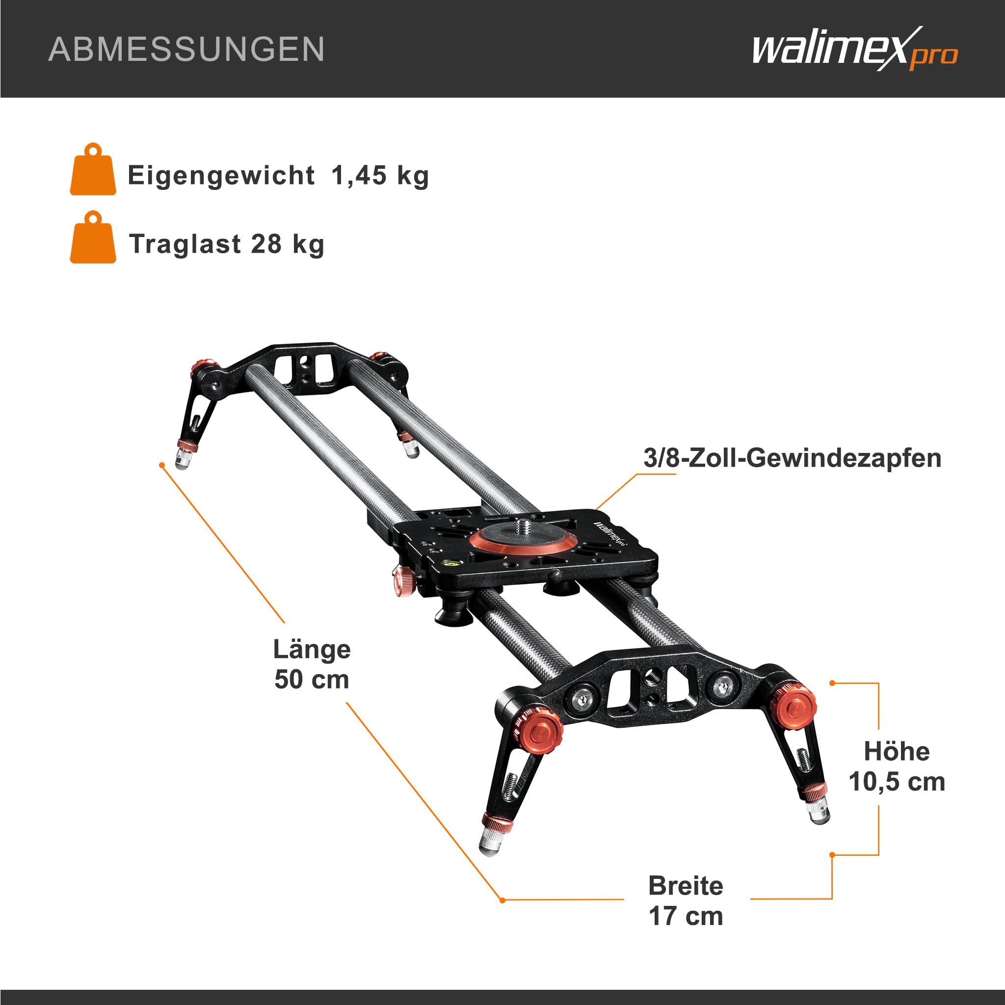 Walimex pro Slider camera Carbon Video nero Binario scorrevole 50 cm per videocamera con borsa di trasporto e livella a bolla