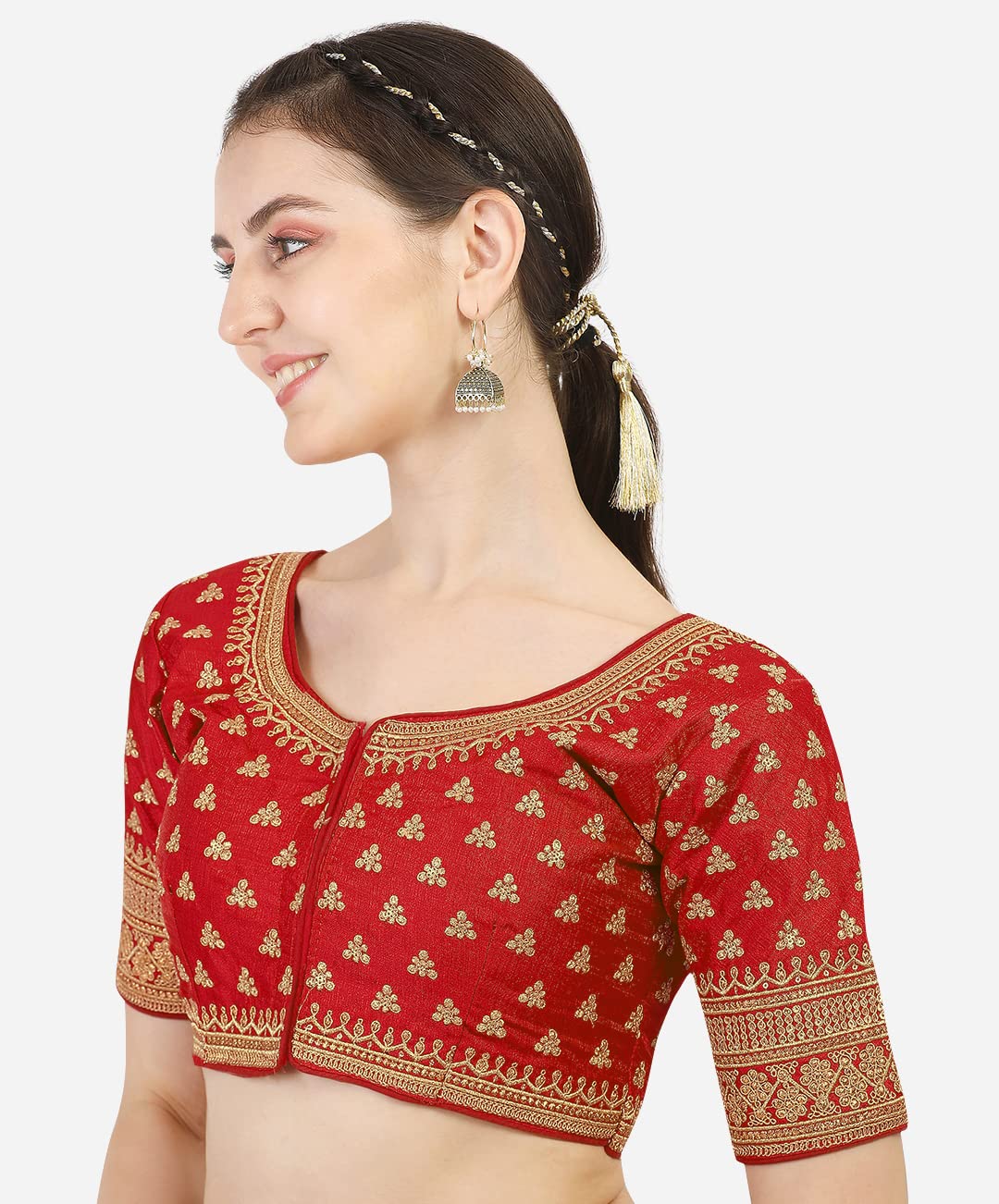 Pujia Mills Women's Silk Embroidery Sequins Work Readymade Saree Blouse (Rose_Red_38)