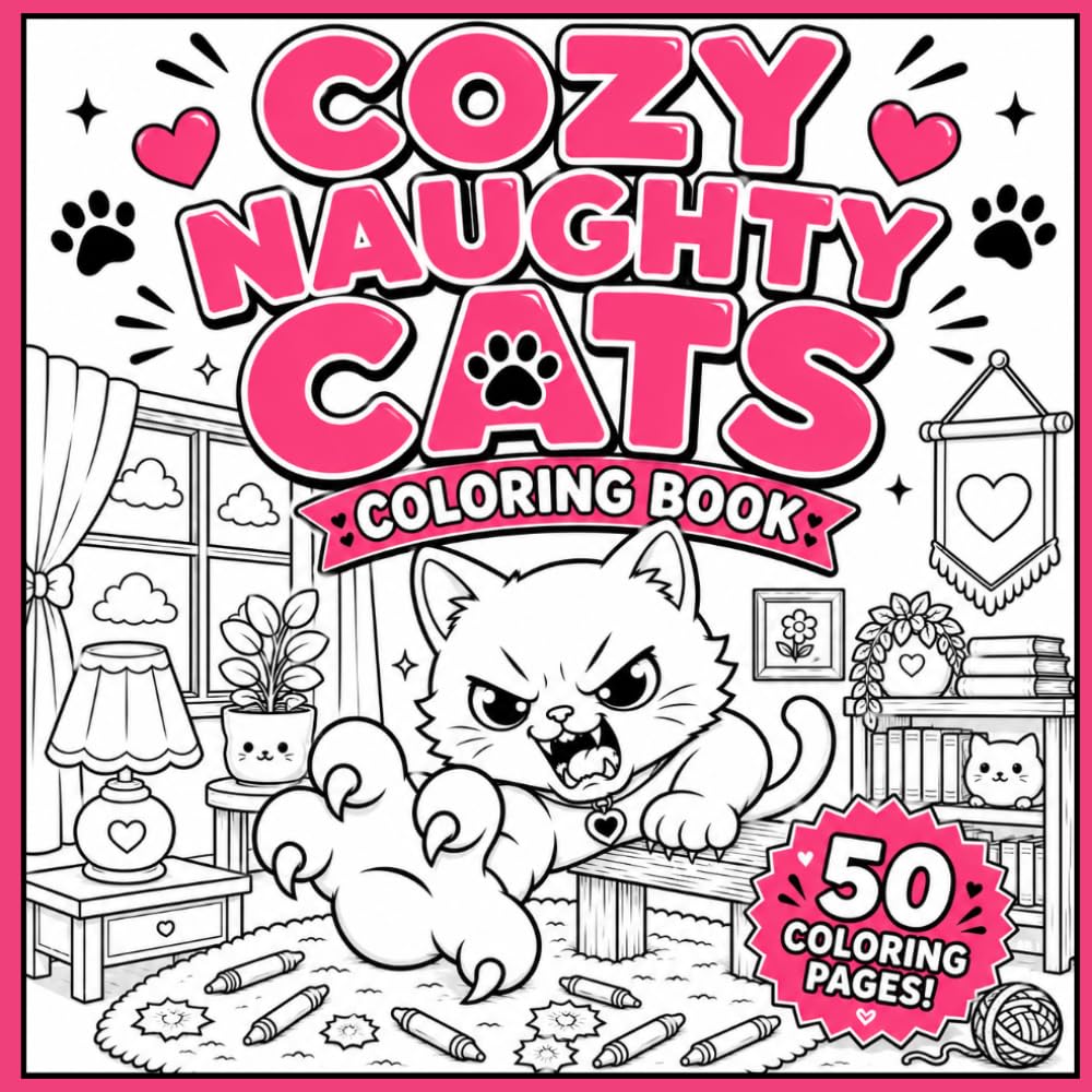 Cozy Naughty Cats Coloring Book: 50 Cozy & Funny Cat Designs for Adults & Teens – Relaxation, Stress Relief and Creative Fun
