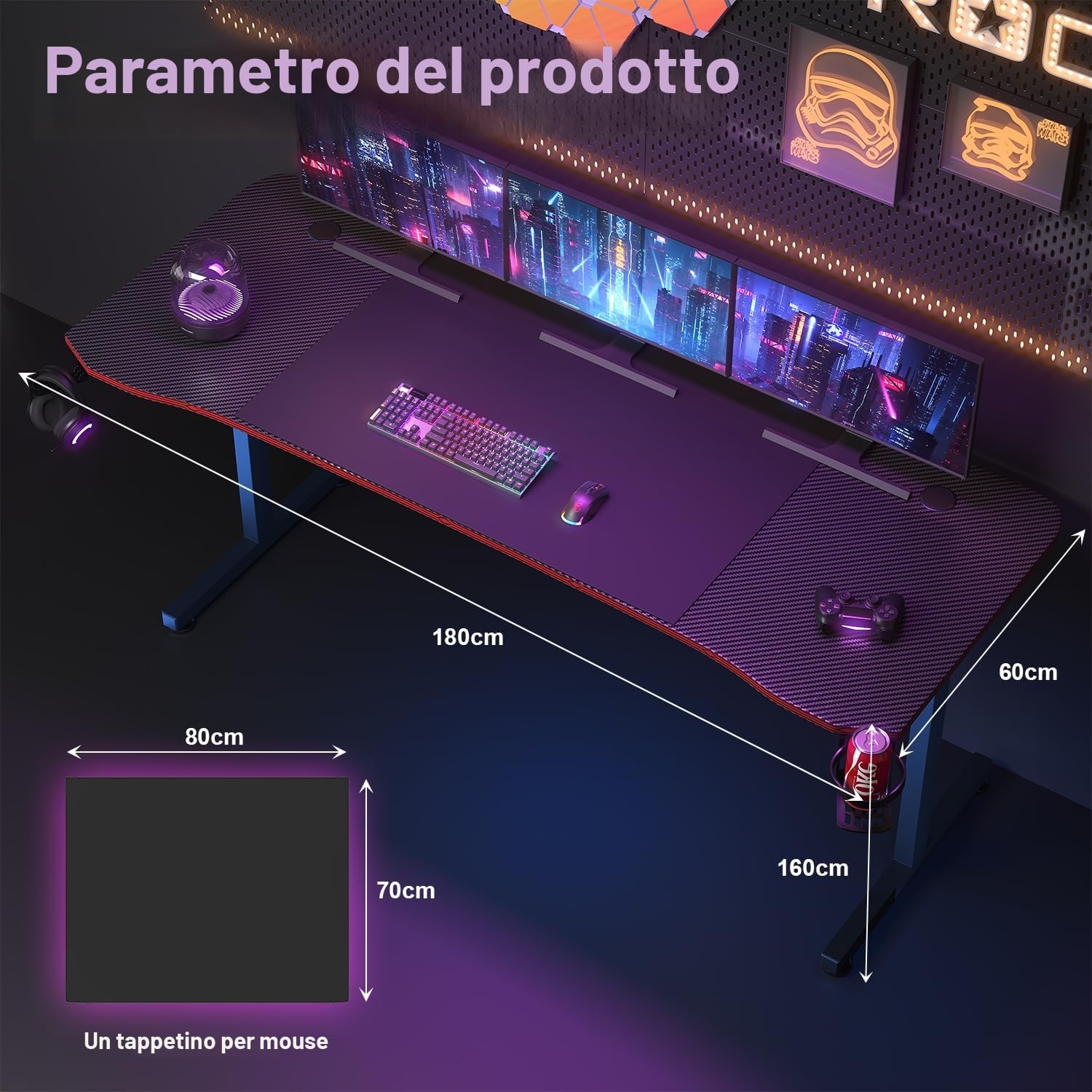 JUMMICO 180 * 60 Scrivania Gaming, Tavolo da Gaming, Scrivania per Computer, Postazione Gamer con Piano del Tavolo in Fibra di Carbonio Adatto Sia per i Giocatori Che per l'uso in Ufficio