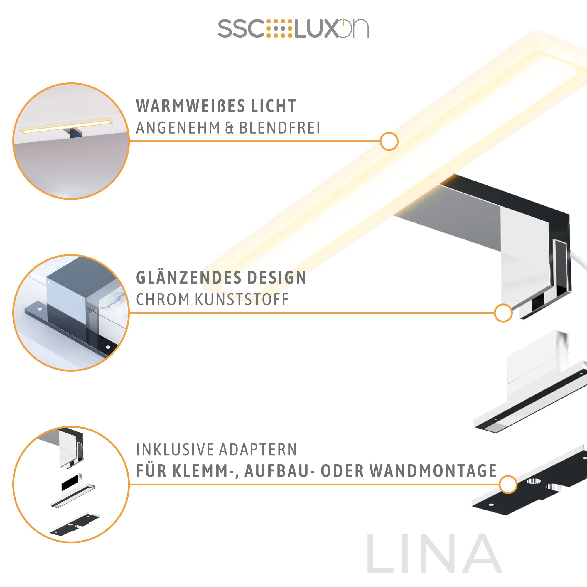 SSC-LUXon LINA Spiegelleuchte 30cm silber glänzend – Badezimmer Lampe für Spiegel 3-in-1 Badspiegelleuchte warmweiß 230V Spiegellampe Bad Beleuchtung