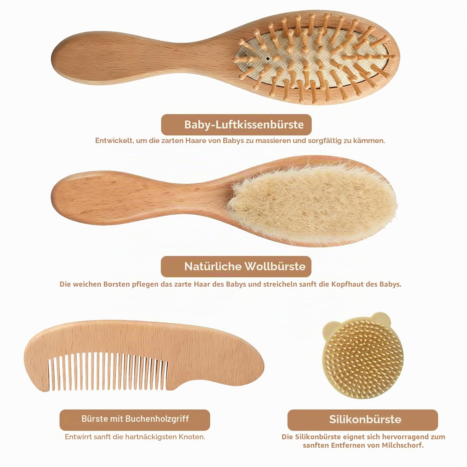 4 teiliges Baby Bürsten und Kamm Set aus Naturholz, Baby Haarbürste mit weichen Ziegenborsten für Neugeborene, Milchschorf Bürste zur Kopfhautpflege, Perfektes Baby Erstausstattung Geschenk Set