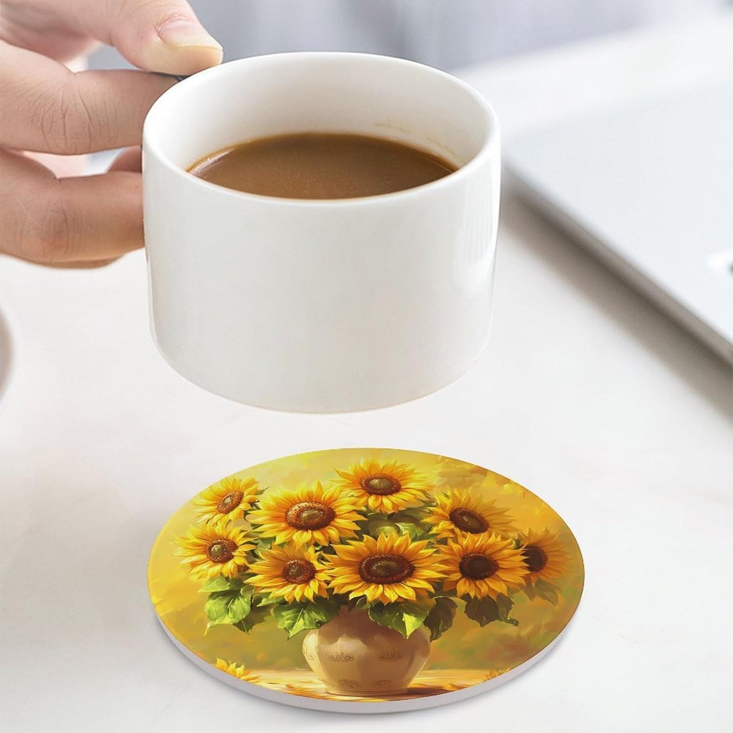 Beautifu Sunflowers Painting Round Ceramic Coasters Print Drinks Absorbent with Cork Base for Home Decor Gifts 4 Inch