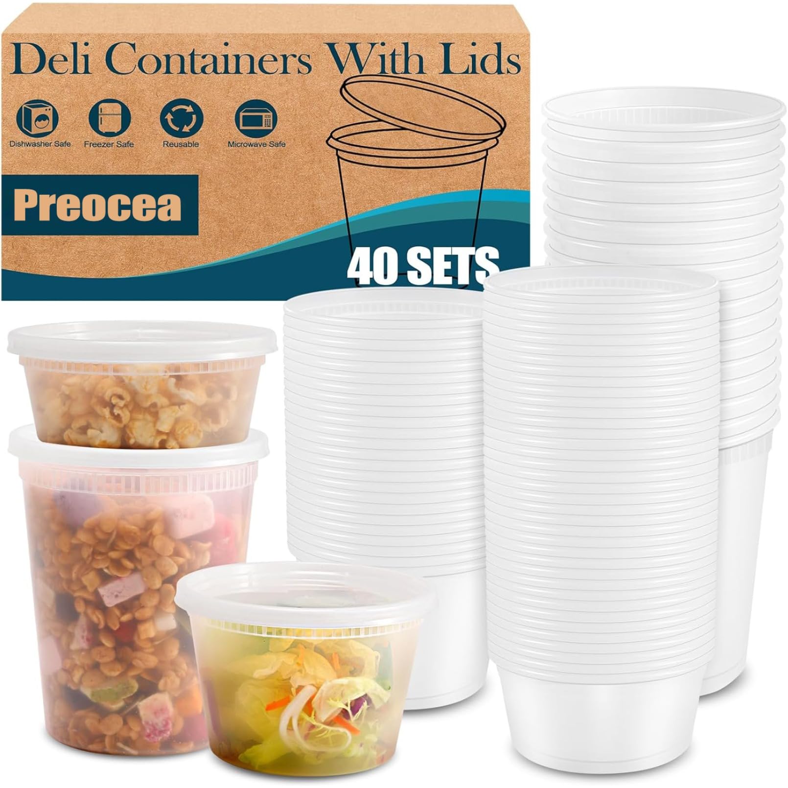 Preocea Clear 40 Pack Deli Containers With Lids, Soup Container, Deli Food Storage Containers, Leakproof Heavy-Duty Container, Bpa Free, Microwave Freezer Dishwasher Safe(8Oz,16Oz,32Oz Combo)